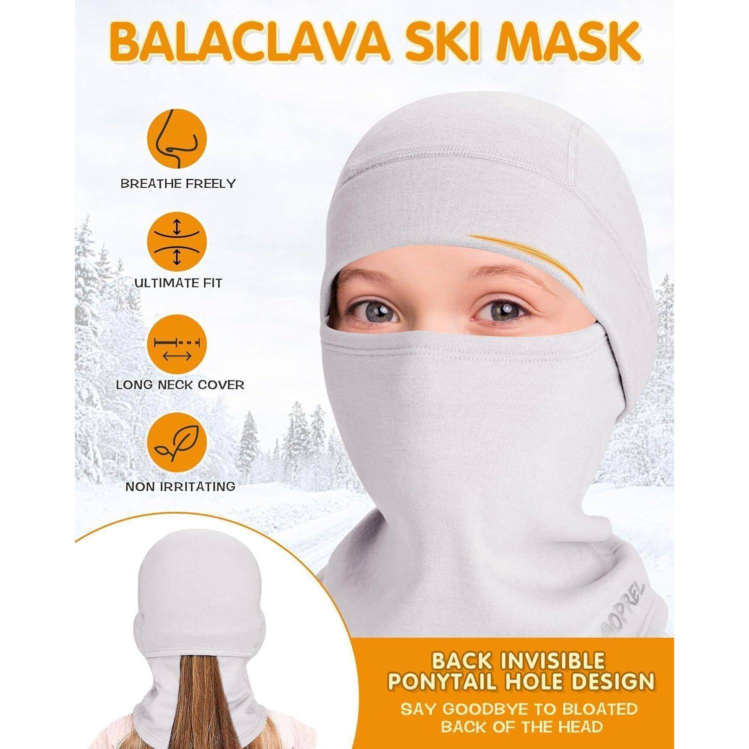 Balaclava-Skimaske Produktanzeige mit einem Modell, das eine graue Gesichtsmaske trägt, mit folgenden Eigenschaften: „Frei atmen