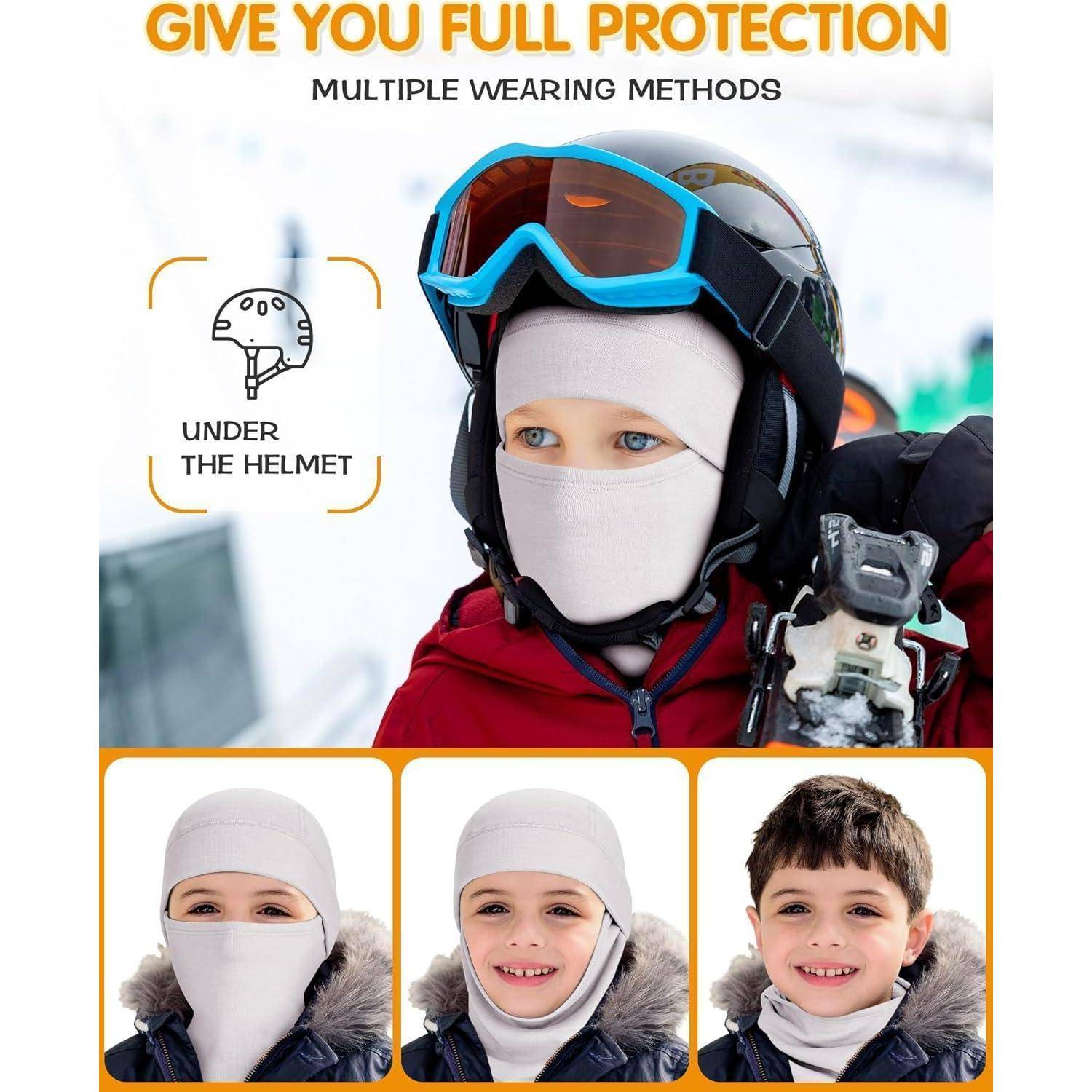 Werbebild eines Kindes, das eine Gesichts- und Nackenbedeckung unter einem Helm trägt, mit mehreren Trageoptionen und dem Text „BIETET DIR VOLLSTÄNDIGEN SCHUTZ