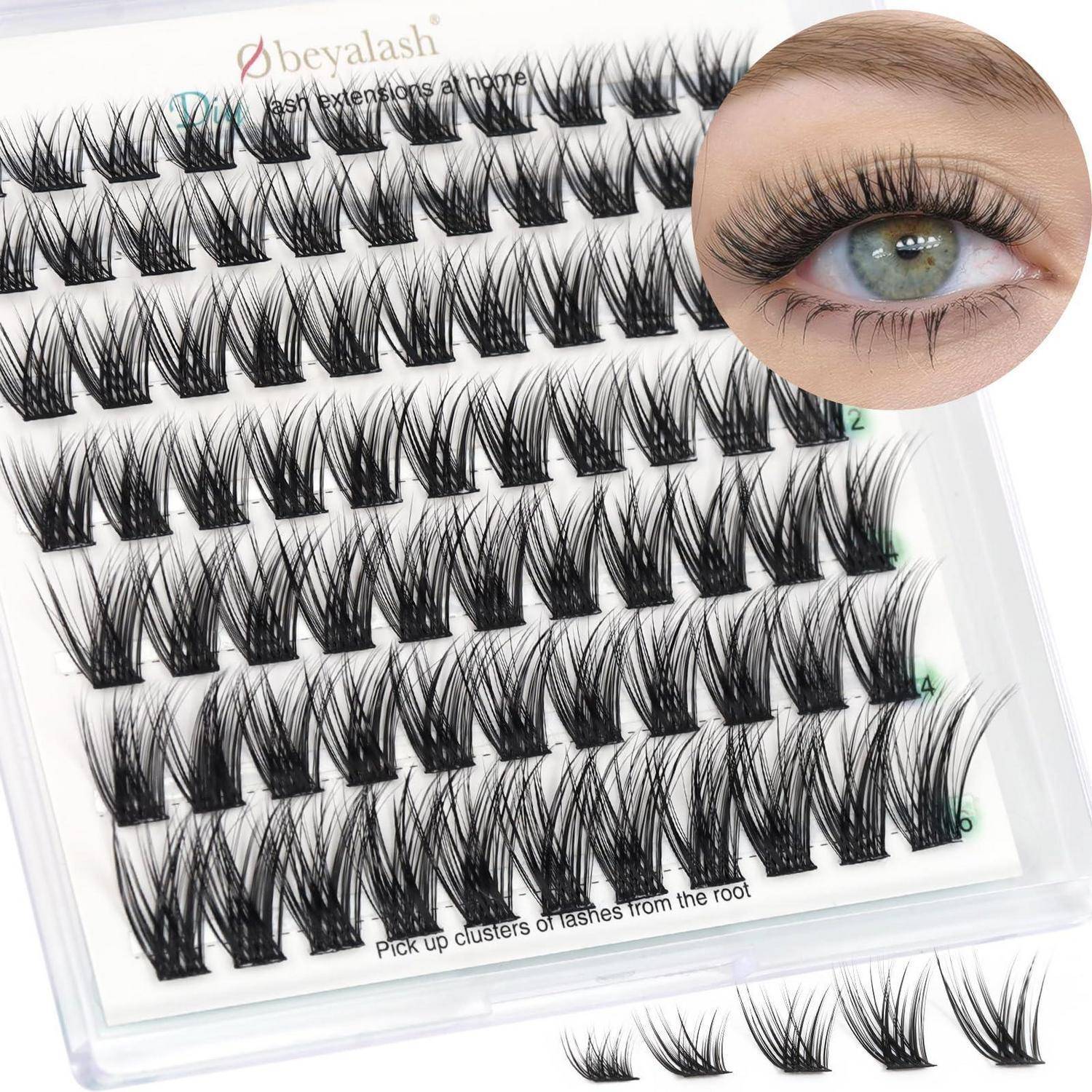 Tablett mit Wimpernverlängerungen mit Reihen von schwarzen künstlichen Wimpernbüscheln und einer eingefügten Nahaufnahme eines Auges mit langen Wimpern.