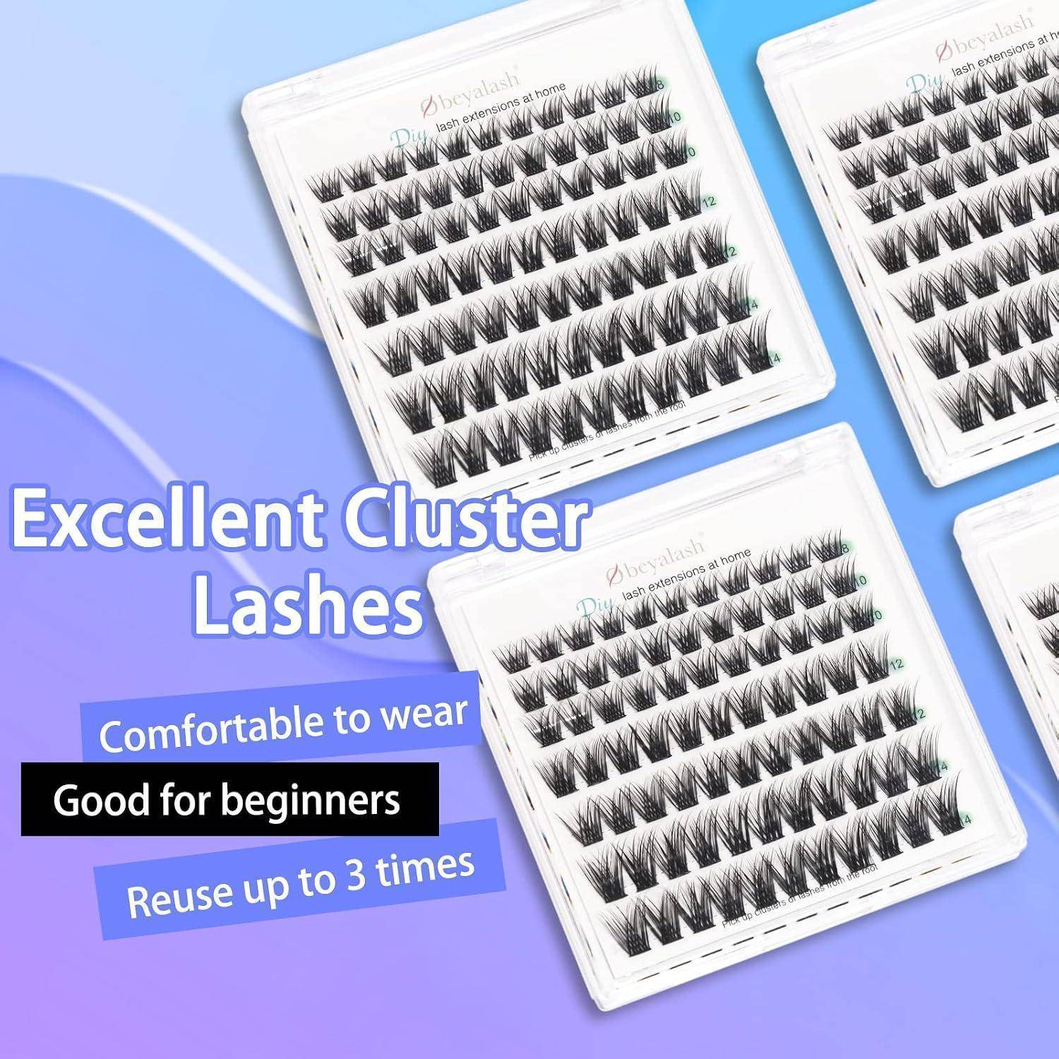 Werbegrafik mit Cluster-Wimpern-Paletten und Text: „Ausgezeichnete Cluster-Wimpern