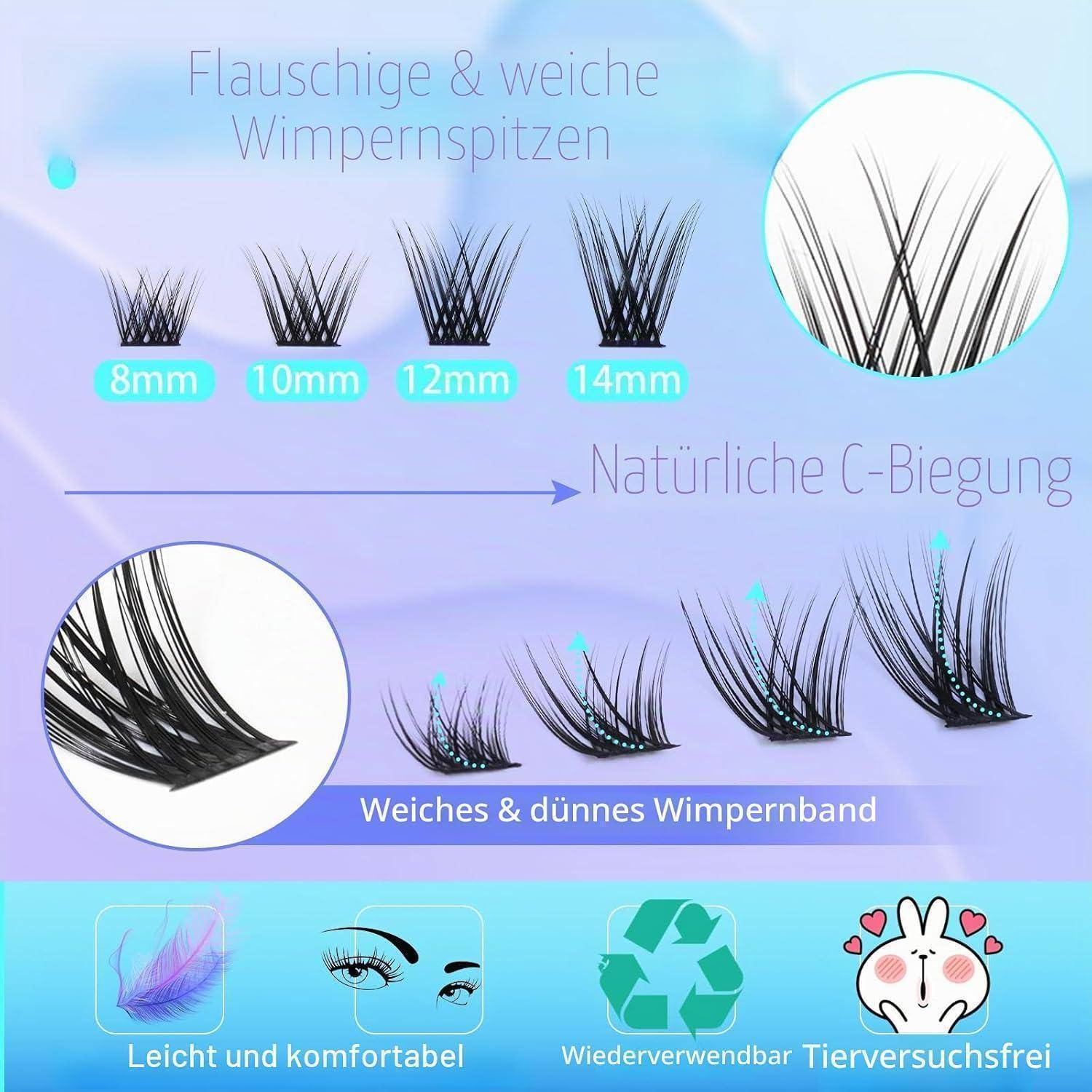 Deutsches Wimpernprodukt-Infografik mit weichen, flauschigen Wimpernspitzen in 8mm, 10mm, 12mm, 14mm, natürliche C-Wölbung, weiches dünnes Band, bequem, wiederverwendbar, grausamkeitsfrei.