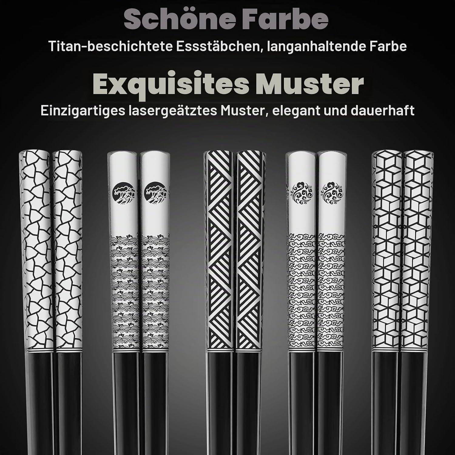 Werbebild von fünf Paar titanumbeschichteten Stäbchen mit verschiedenen lasergestochenen Mustern, gekennzeichnet mit „Schöne Farbe" und „Exquisites Muster"".