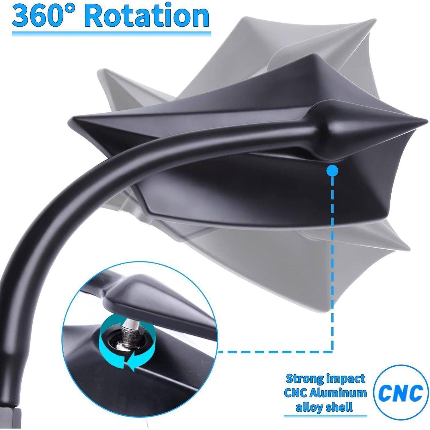 Produktgrafik zeigt einen um 360° drehbaren Ventilatorenkopf in Schwarz und Grau mit Hinweisen „Robuste CNC-Aluminium-Legierungsschale