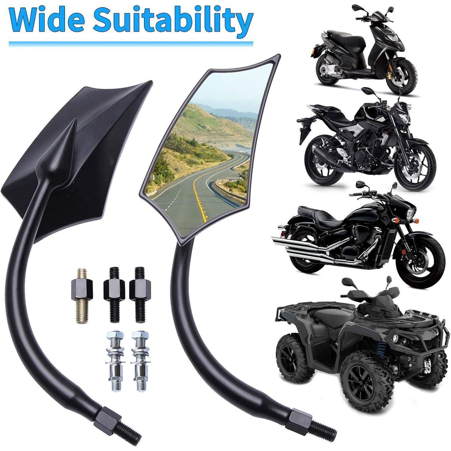 Produktbild von zwei schwarzen Motorradspiegeln mit Befestigungsbolzen, beschriftet mit „Breite Eignung