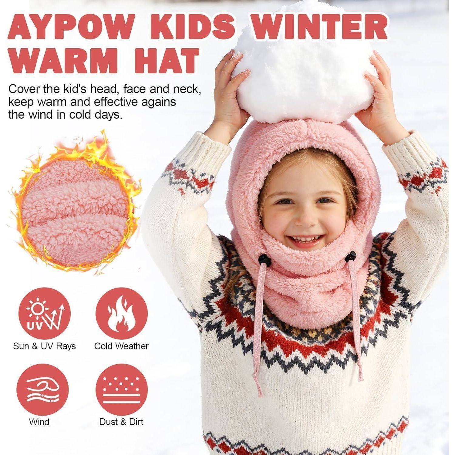 Kind, das einen rosa warmen Winterhut und einen Schal trägt, gezeigt als Kälteschutz für Kopf, Gesicht und Hals; der Text hebt Wind-, Sonnen-, Staub- und Schmutzbeständigkeit hervor.