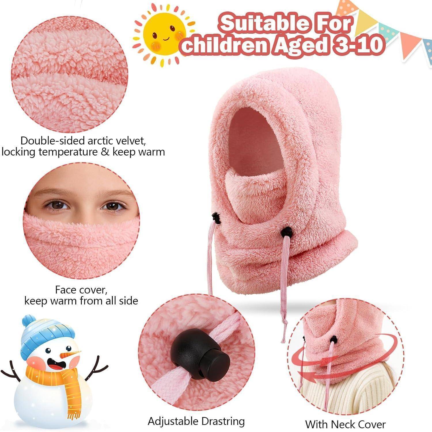 Rosa plüschige Wintermütze für Kinder mit Gesichtsabdeckung und Nackenschutz, gezeigt mit Nahaufnahmen von Stoff, Zugband und Passform; gekennzeichnet als geeignet für Alter 3-10 Jahre.