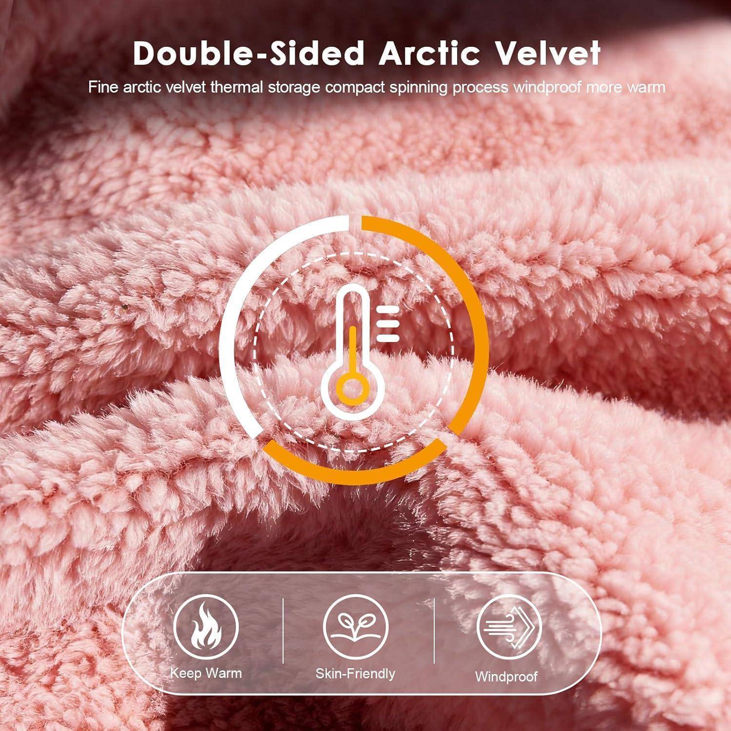 Rosa fluffy Thermostoff, beworben als „Double-Sided Arctic Velvet