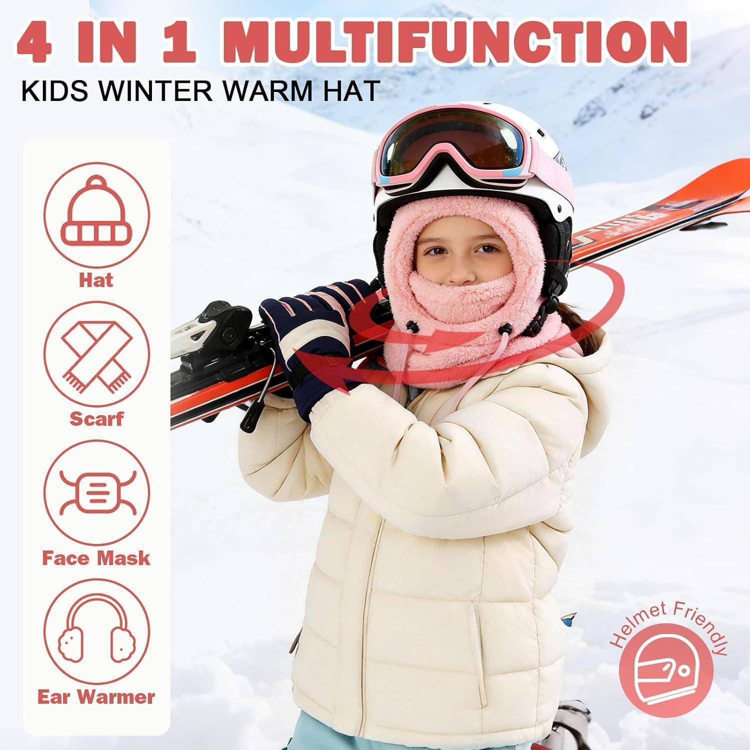 Winterkind mit einer 4-in-1-Wärmemütze, die gleichzeitig als Schal, Gesichtsmaske und Ohrenspanne funktioniert; skihelm-kompatibel.