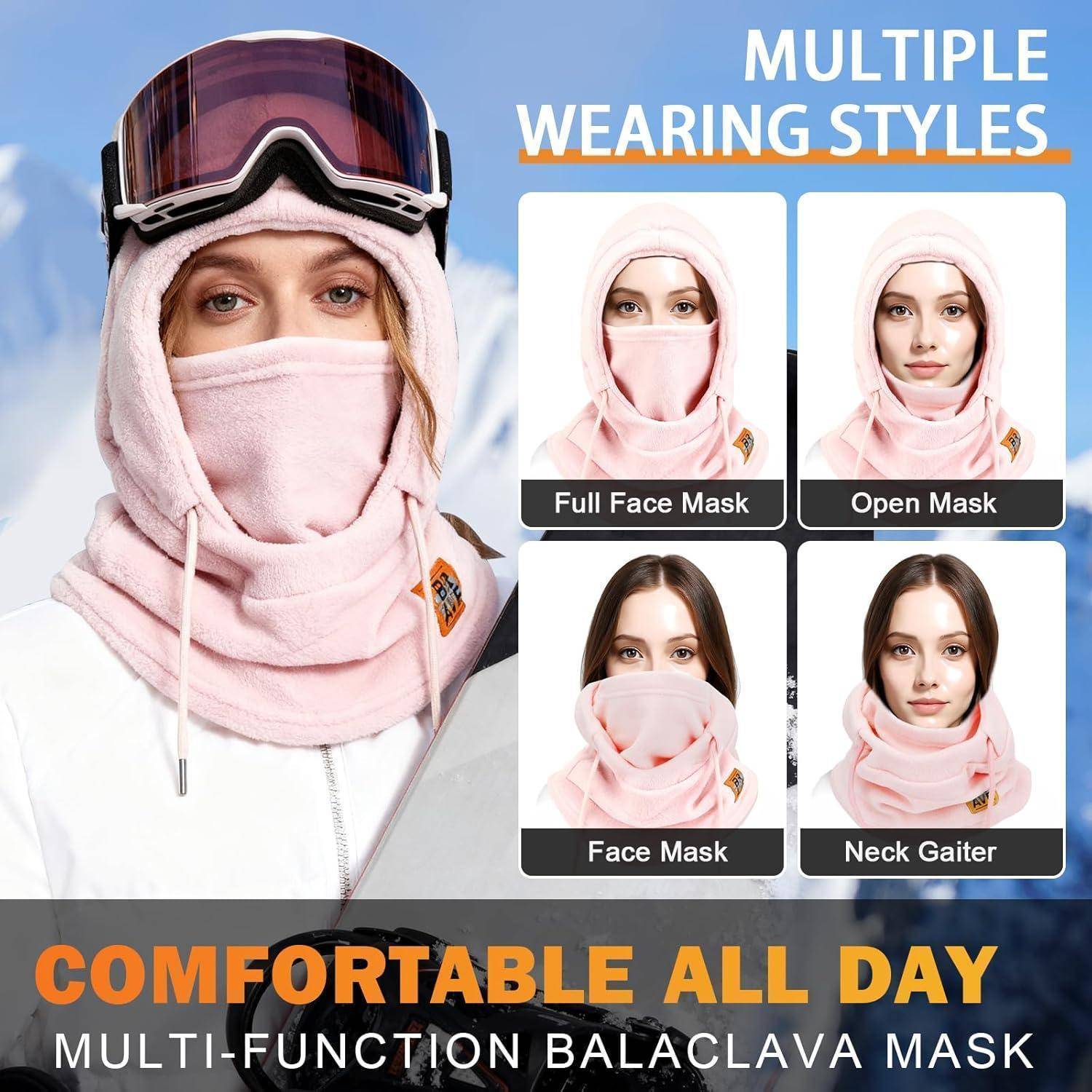 Werbebild einer Frau, die eine rosa Balaclava-Maske trägt, zeigt vier Stile: Vollgesichtsmaske, offene Maske, Gesichtsmaske und Nackenmanschette; Text liest sich wie „MEHRERE TRAGEWEISEN" und „GANZTÄGIG KOMFORTABLE MULTIFUNKTIONS-BALACLAVA-MASKE"".