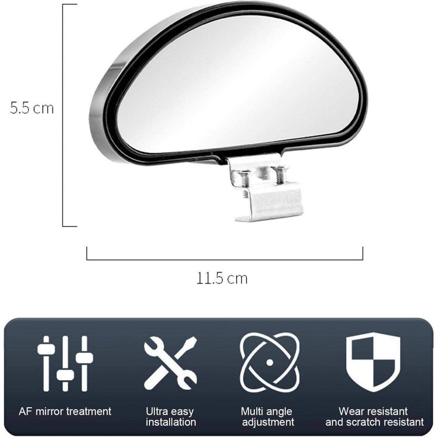 Verstellbarer Autoinnenrückspiegel mit Abmessungen von 11,5 cm Breite und 5,5 cm Höhe, sowie Funktionssymbole für Antibeschlag, einfache Installation, Multiwinkelversteller und Verschleißfestigkeit.