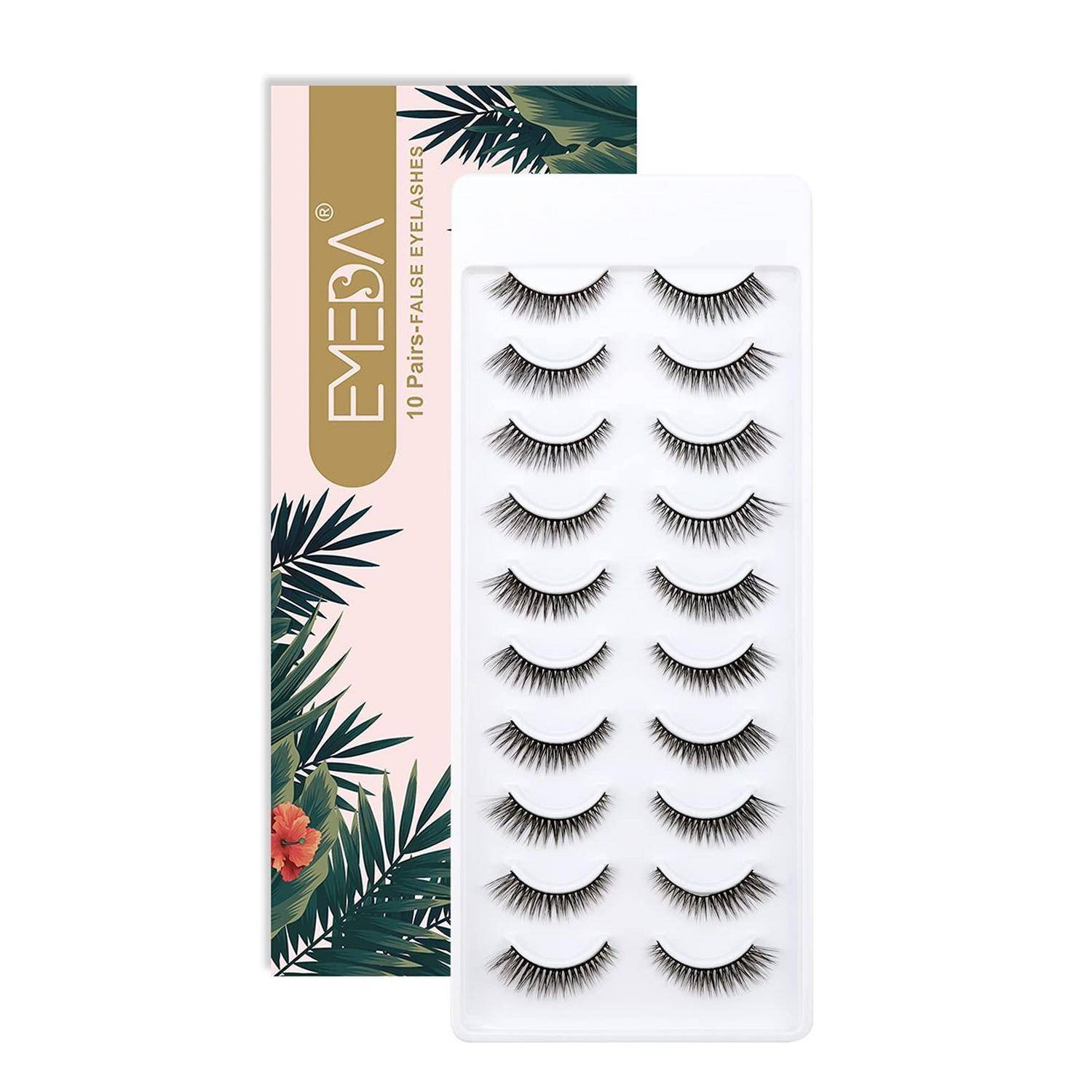 Packung mit 10 Paar künstlichen Wimpern in einem weißen Tablett mit tropisch gestaltetem 'EVEYA'-Verpackungsdesign.