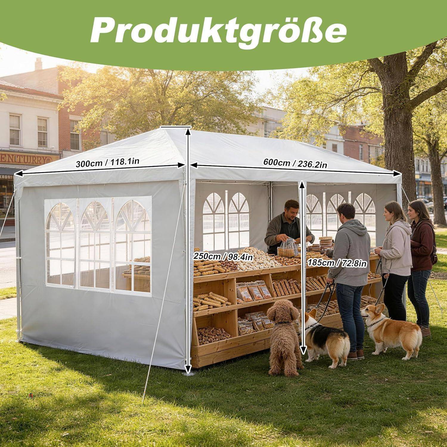 Illustration eines weißen Außenmarktzeltes mit der Bezeichnung „Produktgröße" mit Größenmessungen: 300 cm breit, 600 cm lang und 250 cm hoch, sowie 185 cm Thekenhöhe.