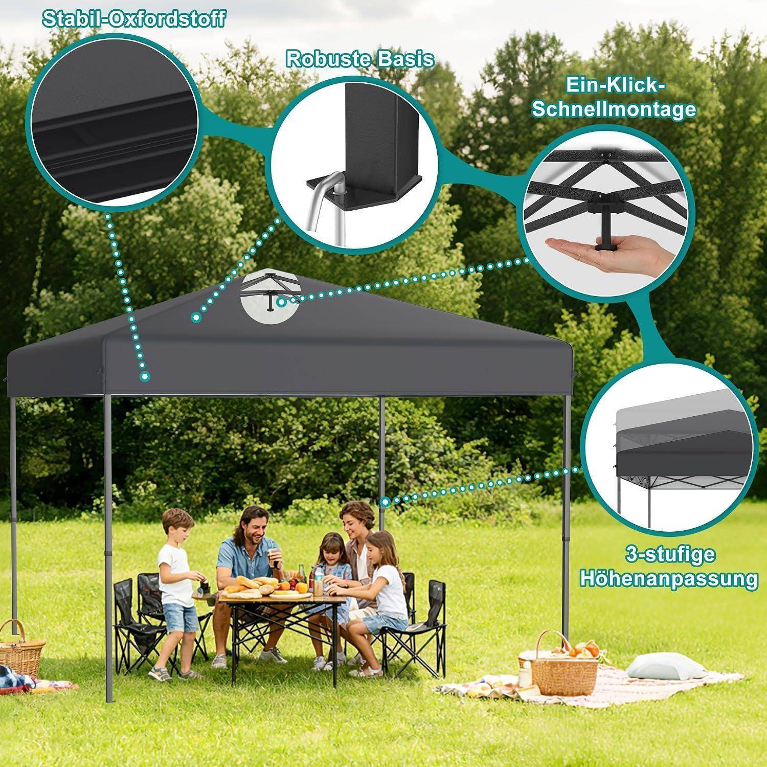 Outdoor-Pop-Up-Pavillon mit Familienpicknick; Beschriftungen heben „Stabil-Oxfordstoff", „Robuste Basis"", „Ein-Klick-Schnellmontage"" und 3-stufige Höhenverstellung hervor.
