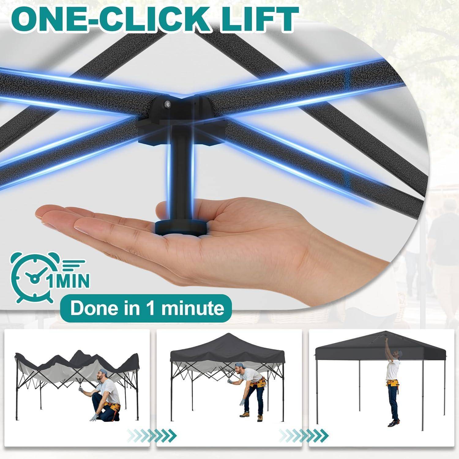 Werbegrafik mit einem Pop-up-Baldachin mit der Aufschrift „ONE-CLICK LIFT" und „In 1 Minute fertig"", plus drei Panels, die den schnellen Aufbau vom zusammengeklappten Gestell bis zum vollständig aufgebauten Zelt zeigen.