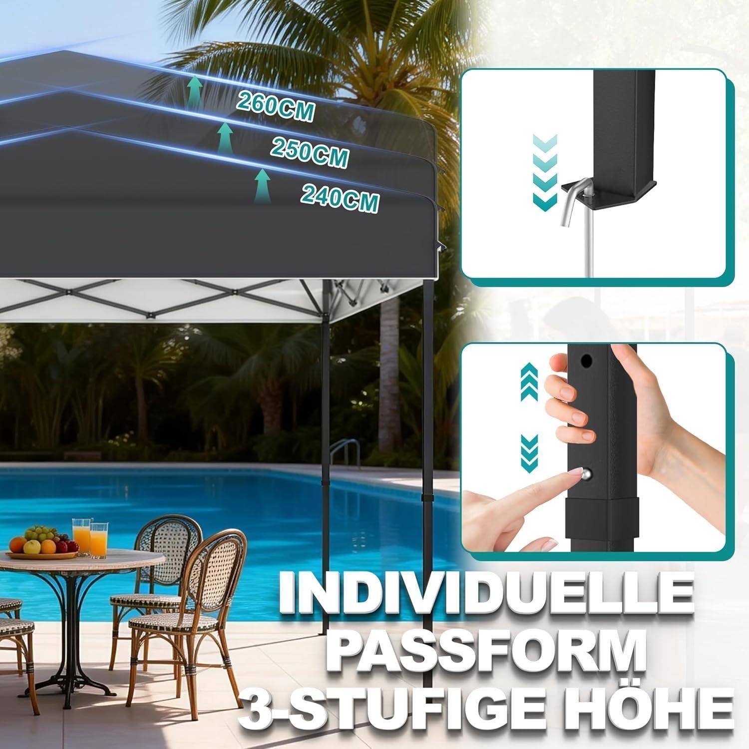 Bewerbungsbild eines Terrassendachs neben einem Pool, das verstellbare dreistufige Höheneinstellungen von 240 cm, 250 cm und 260 cm zeigt, mit eingefügten Nahaufnahmen des Höhenverriegelungsmechanismus und der Stangenverstellung.