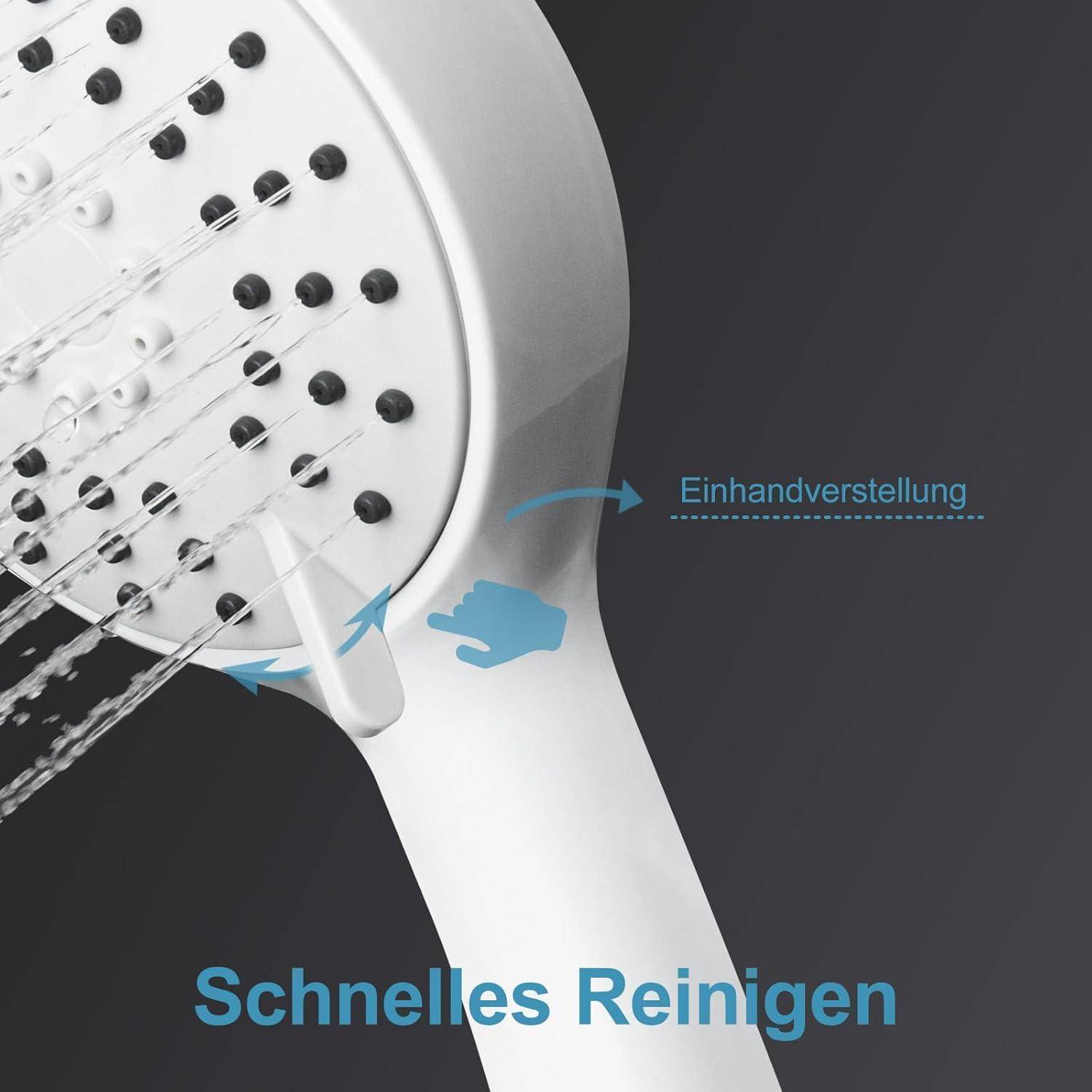 Abbildung eines tragbaren Duschkopfs mit Pfeilen, die eine Einhandverstellung zeigen, und dem Text „Schnelles Reinigen