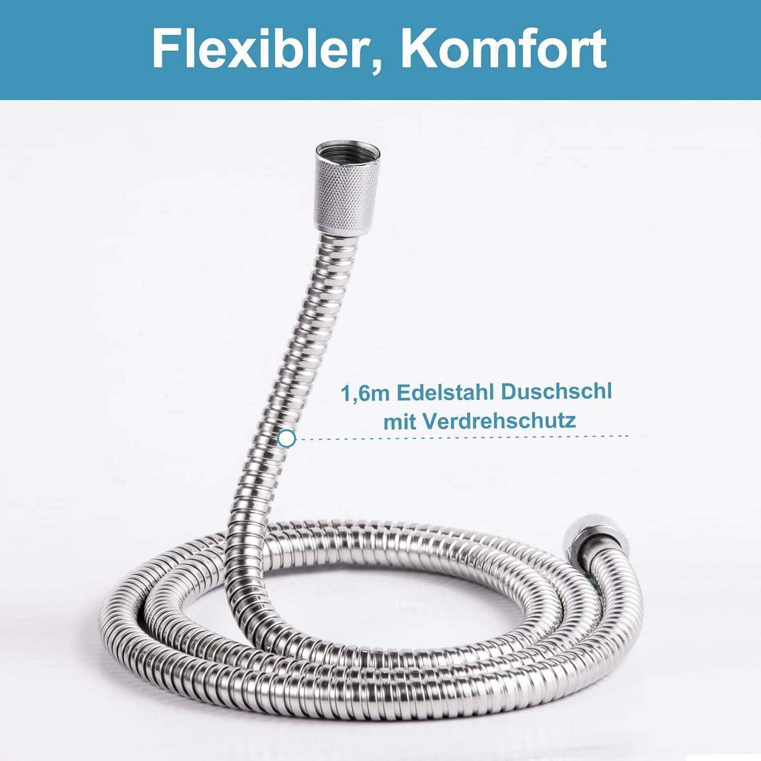 Spiralförmiger Edelstahl-Duschschlauch mit Verdrehschutz, gekennzeichnet mit 'Flexibler, Komfort' und '1,6m Edelstahl Duschschlauch mit Verdrehschutz'.