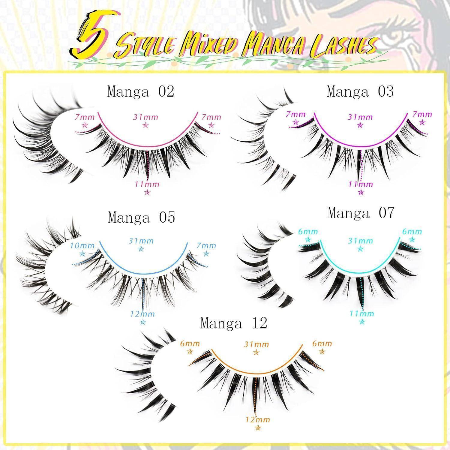 Diagramm mit 5 lächelnden gemischten Manga-Wimpernstilen: Manga 02, 03, 05, 07 und 12, jeweils mit unterschiedlichen Wimpernlängen und -biegungen.