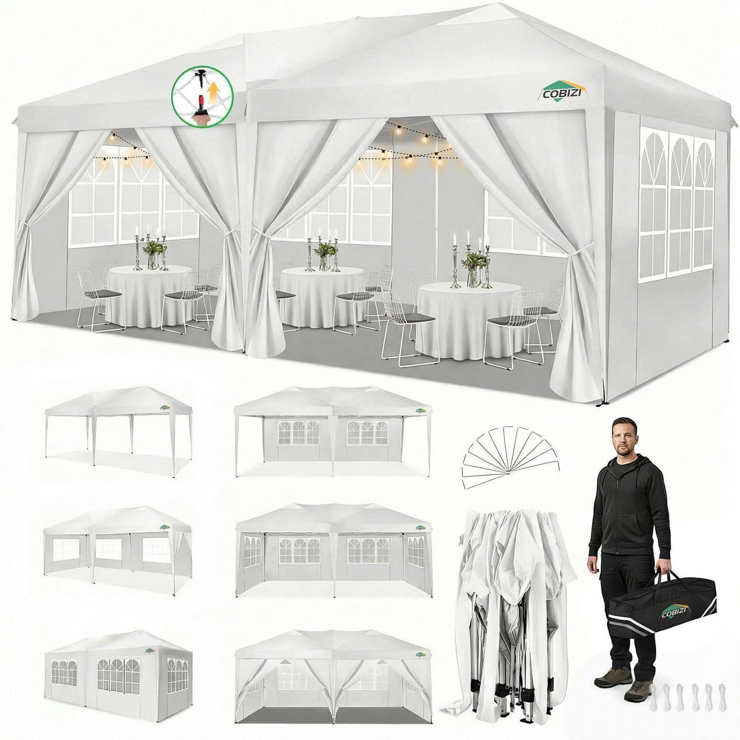 Produktbild eines großen weißen Outdoor-Veranstaltungszeltzelts mit Vorhängen, Fenstern, Tischen, Hockern, Tragetasche und einem Mann, der die Größe und Aufbaututeile zeigt.
