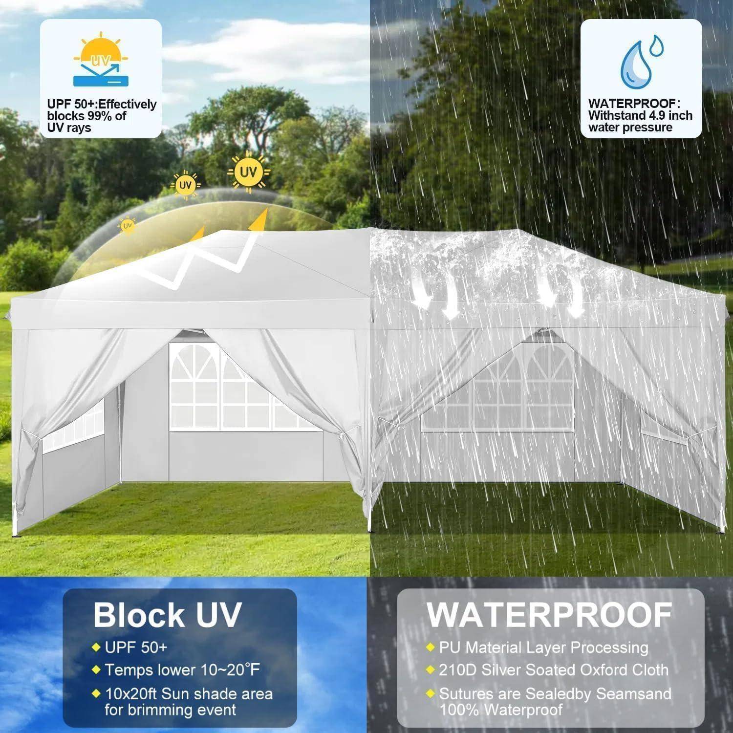 Werbegrafik eines weißen Pavillon-Zeltes mit UV-Schutz und Wasserdichtheit: Die linke Seite blockiert 99% der UV-Strahlen, die rechte Seite hält starkem Regen stand.
