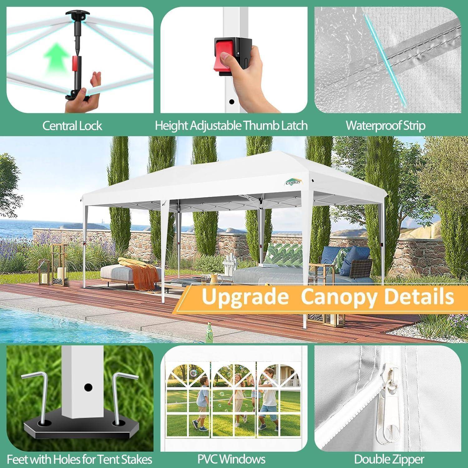 Werbegrafik eines weißen Outdoor-Pavillon-Zelts mit Beschriftungen für erweiterte Funktionen: Zentralverriegelung, höhenverstellbare Daumenklinke, wasserdichter Streifen, Heringsöcher, PVC-Fenster und Doppelreißverschluss.