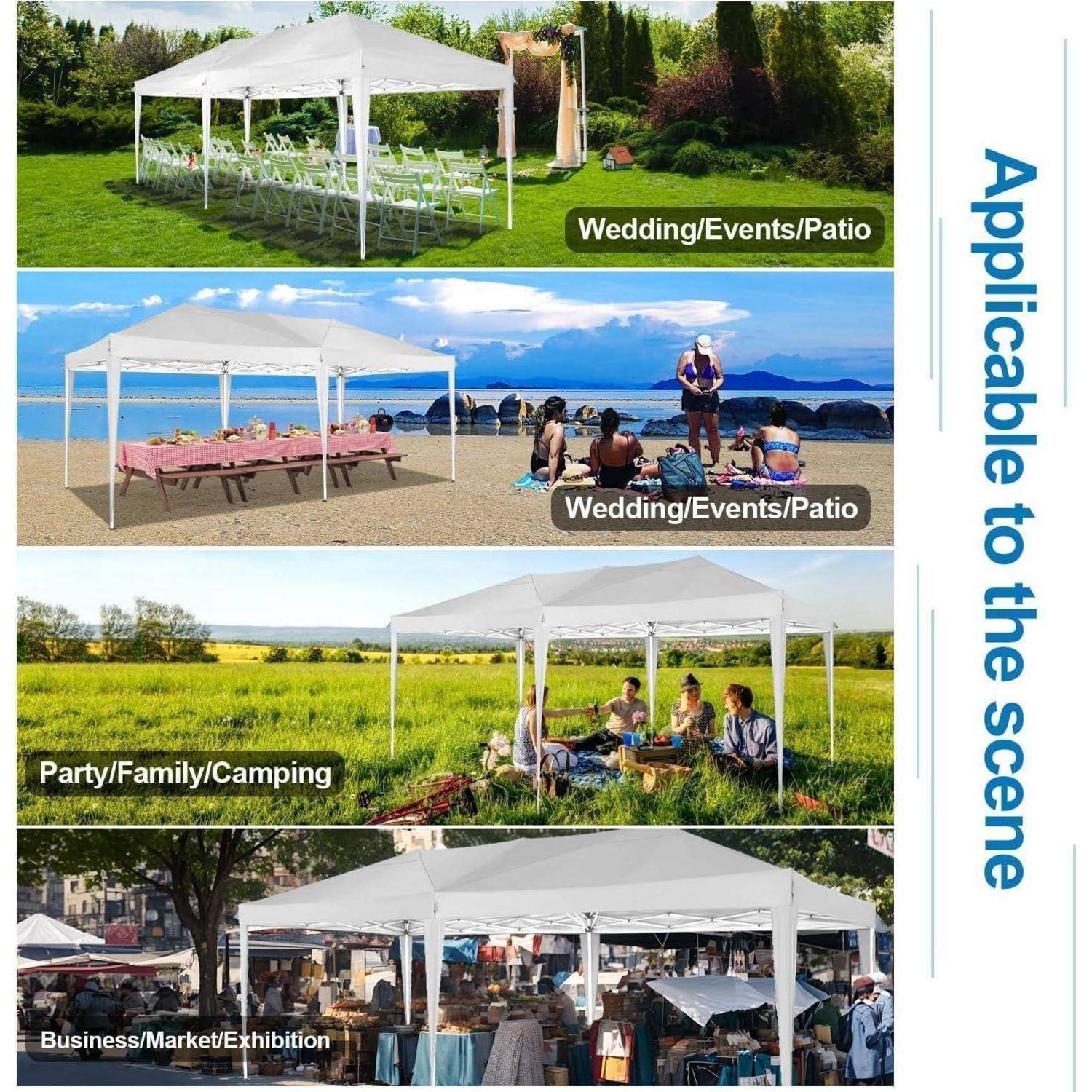 Werbekollagen zeigt ein weißes Pop-up-Zeltdach, das für Hochzeiten, Strandveranstaltungen, Familiencamping und Marktausstellungen verwendet wird, mit dem Text „Anwendbar für die Szene".