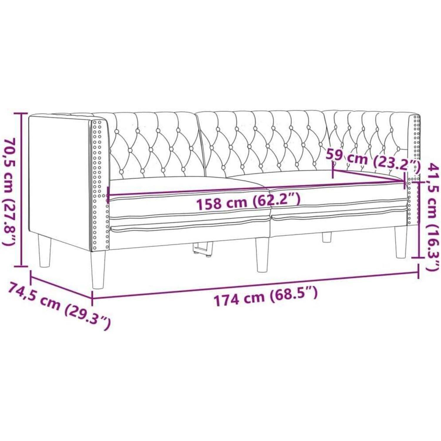 Maßstabszeichnung eines gesteppten Sofas mit Gesamtgröße 174 x 74,5 x 70,5 cm, Sitzbreite 158 cm, Sitztiefe 59 cm und Armlehnenhöhe 41,5 cm.