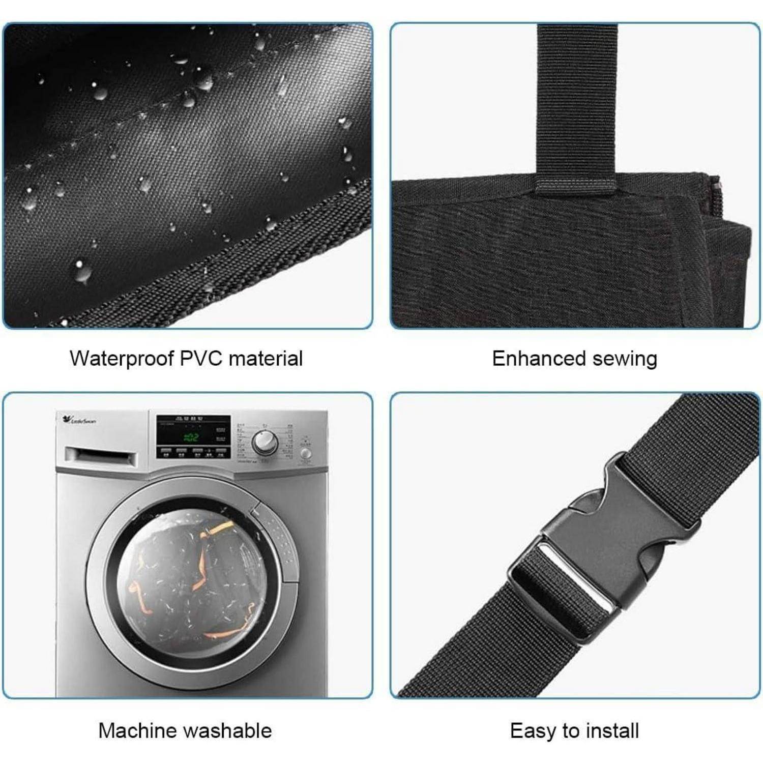 Vierteiligstes Produktbild, das einen schwarzen Riemen/Artikel mit wasserdichtem PVC-Material, verstärktem Nähgarn, maschinenwaschbarem Stoff und einer einfach zu installierenden Schnalle zeigt.