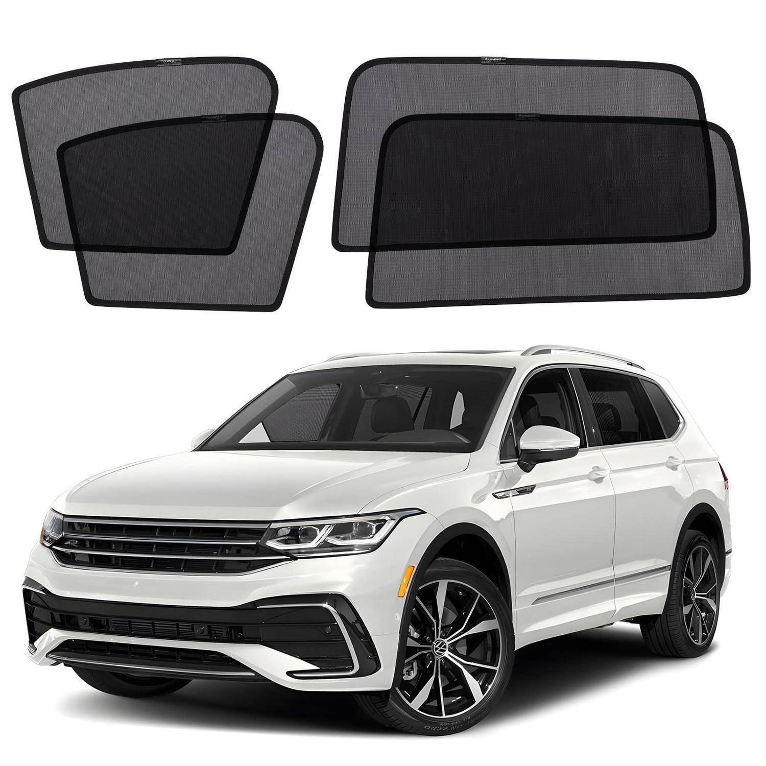 Weißes SUV mit einem Satz von vier schwarzen Fenster-Sonnenschutzvorrichtungen, die darüber angezeigt werden und das für Autofenster verwendete Produkt zeigen.