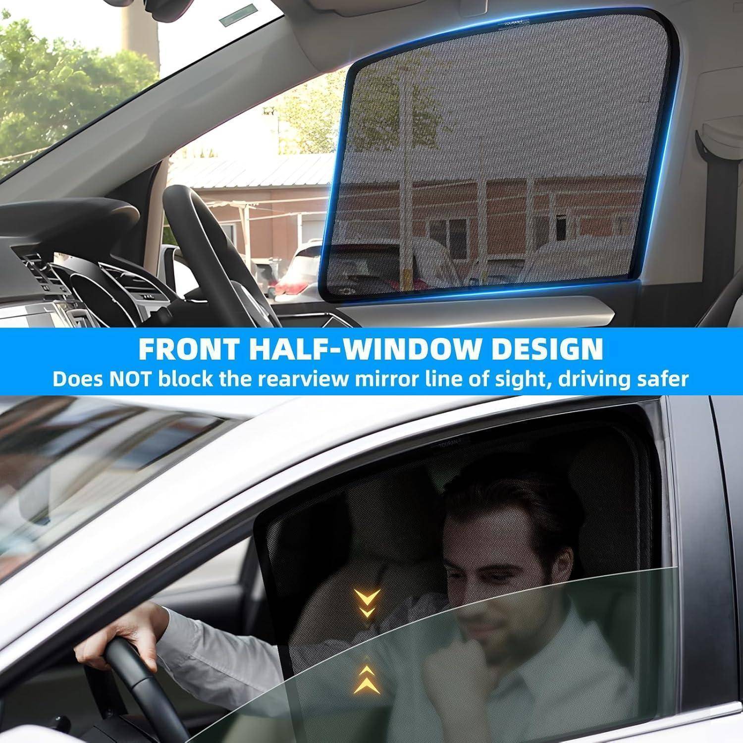 Autoinnenraum mit einer vorderen Halbfenster-Sonnenschutz an einem Seitenfenster; Text besagt „DESIGN MIT VORDEREM HALBFENSTER" und vermerkt, dass die Sichtbarkeit des Rückspiegels nicht behindert wird.