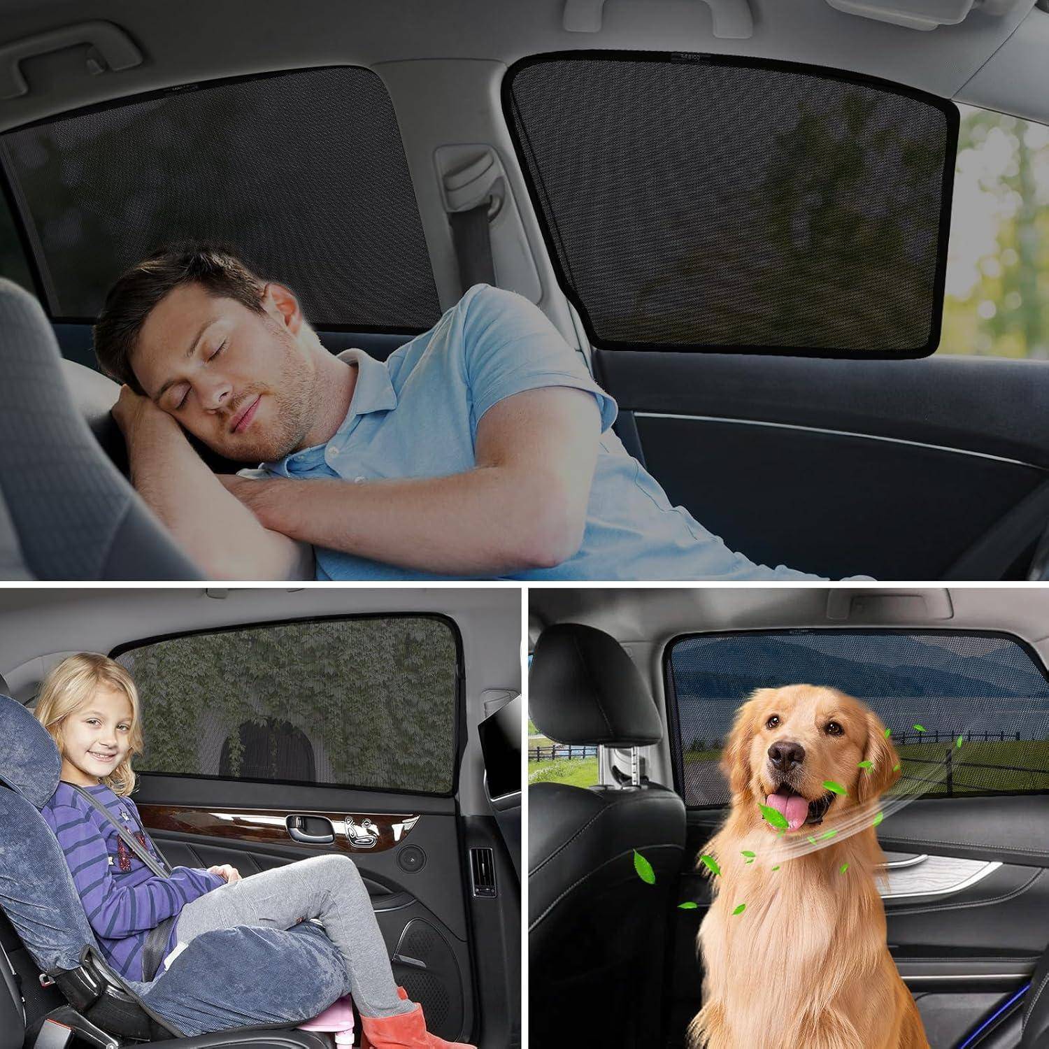 Collage von Passagieren auf der Rückbank eines Autos mit Fenstersonnenblenden: ein schlafender Mann, ein sitzendes Kind und ein Hund auf der Rückbank.