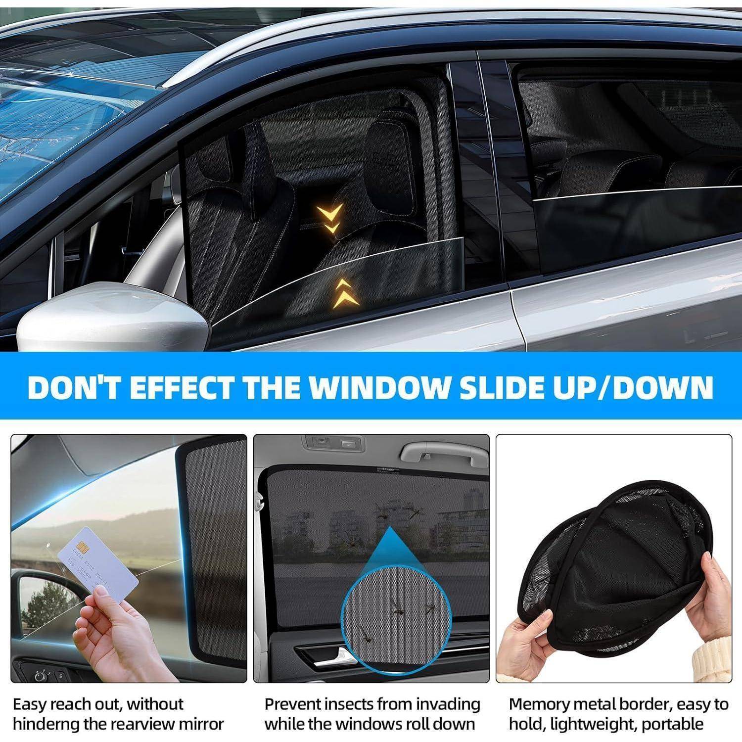 Fenster-Sonnenschutz für Autos mit Netzgewebe, das das Fenster auf- und Abfahren ermöglicht, Sonne und Insekten abhält und sich in einer kompakten Tasche zusammenfaltet.