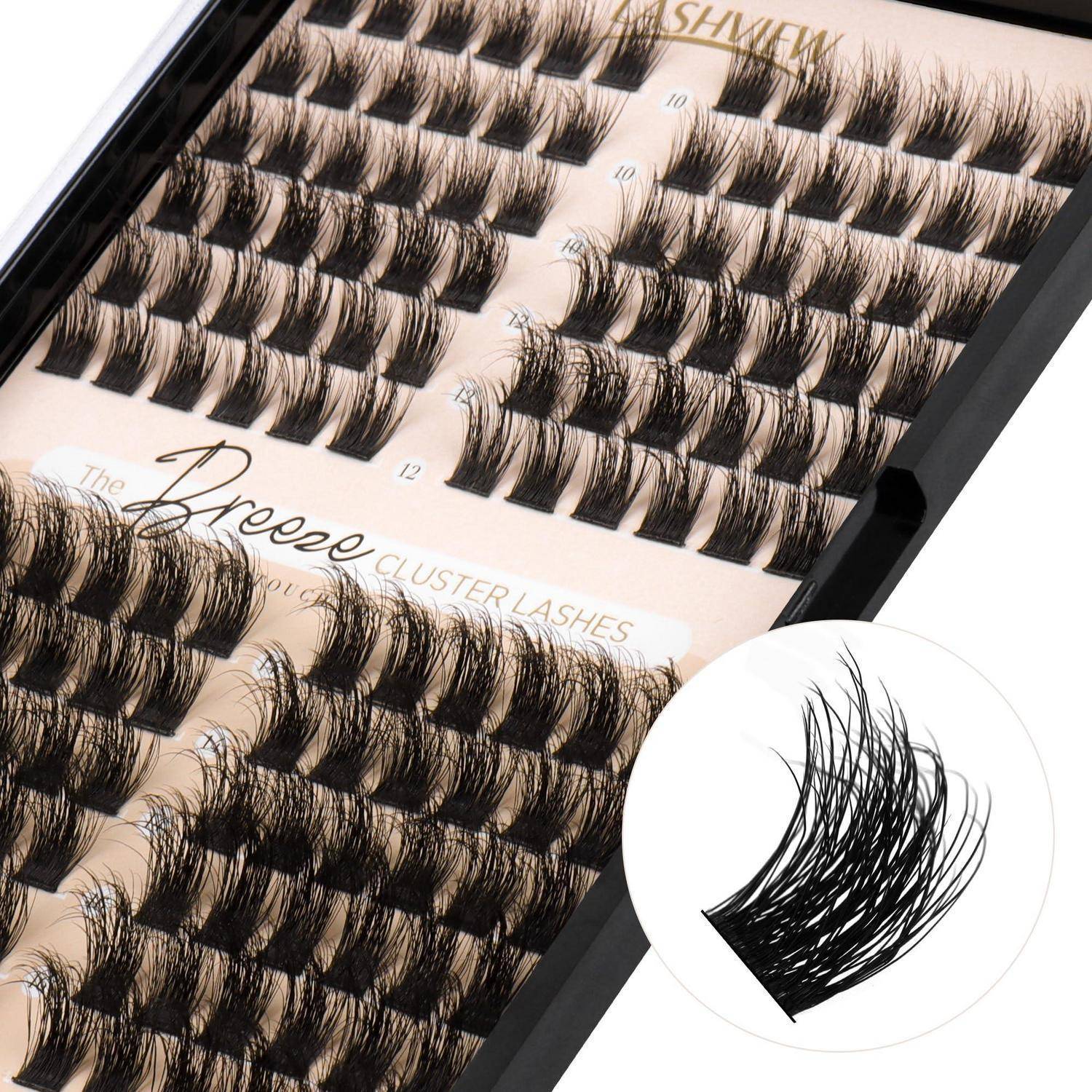 Anzeige von Wimpernbüschel-Extensions in einem Tablett, mit einer vergrößerten Einfügung, die ein einzelnes Wimpernbüschel zeigt.
