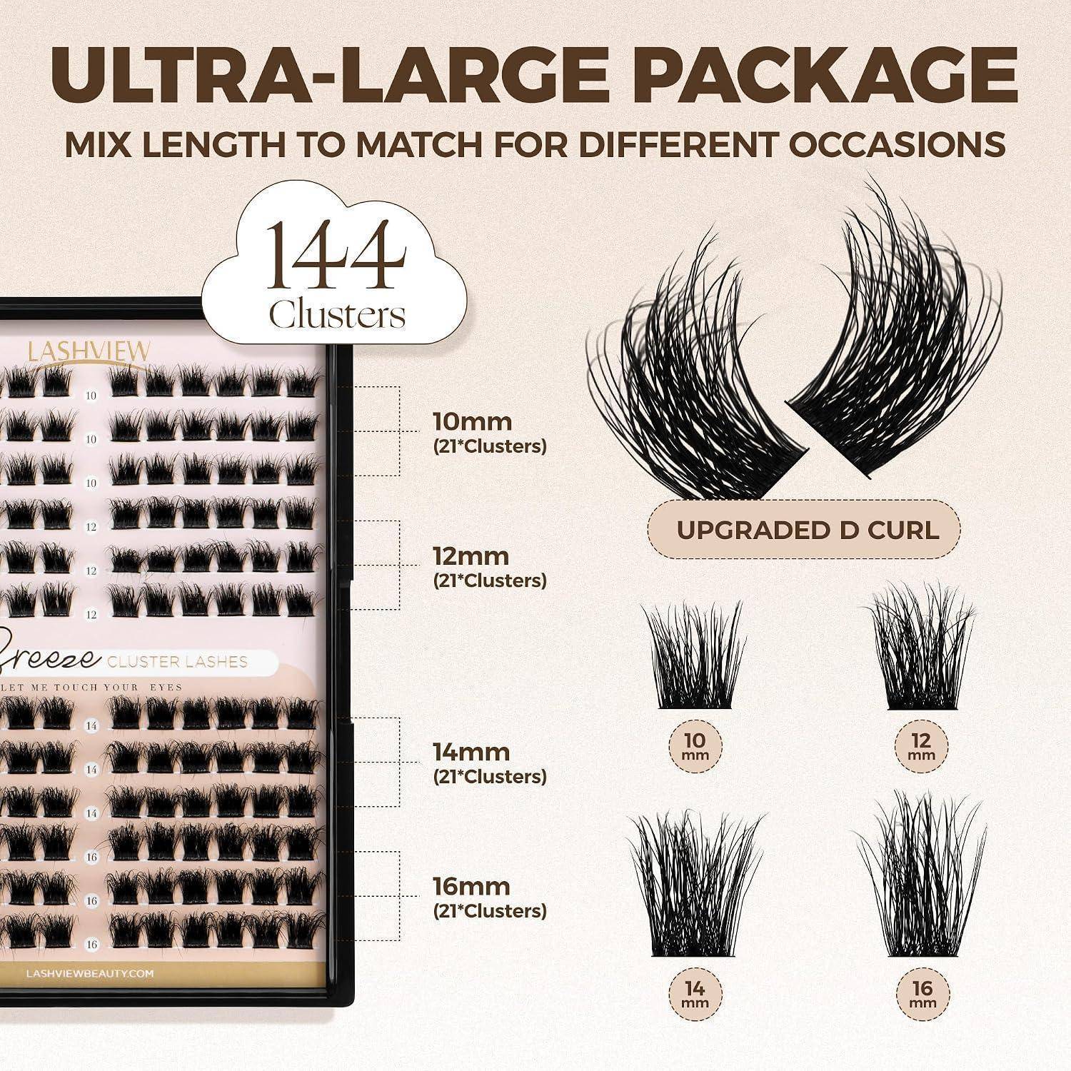 Produktgrafik für Ultra-Großpackung von Wimpernbüscheln mit 144 Büscheln, gemischte Längen 10mm, 12mm, 14mm und 16mm, plus verbesserte D-Curl-Wimpern.