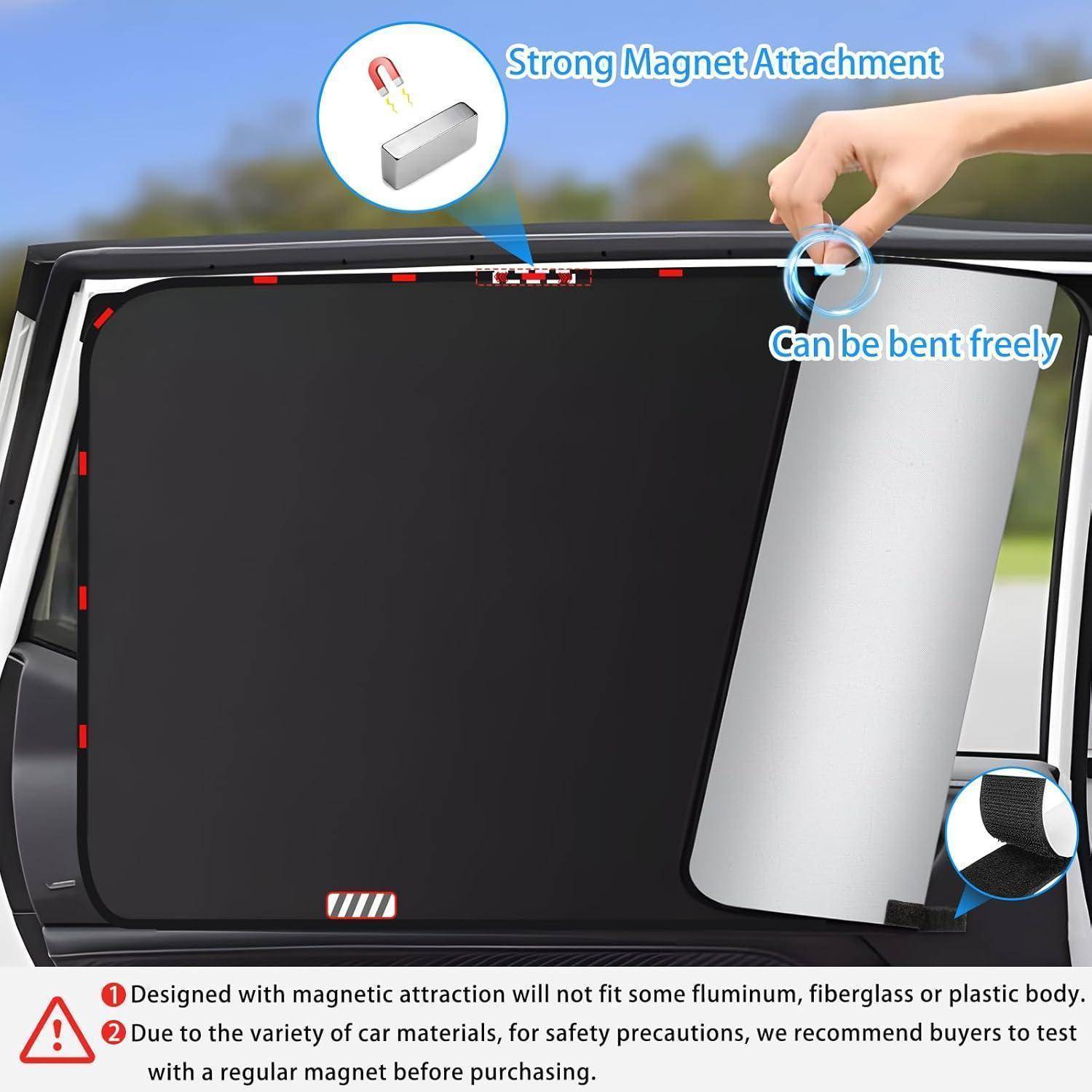 Sonnenschutz für Autos mit starker magnetischer Befestigung, der von Hand gebogen wird; der Text vermerkt, dass er möglicherweise nicht auf einige Aluminium-, Fiberglas- oder Kunststoffautokörper passt.