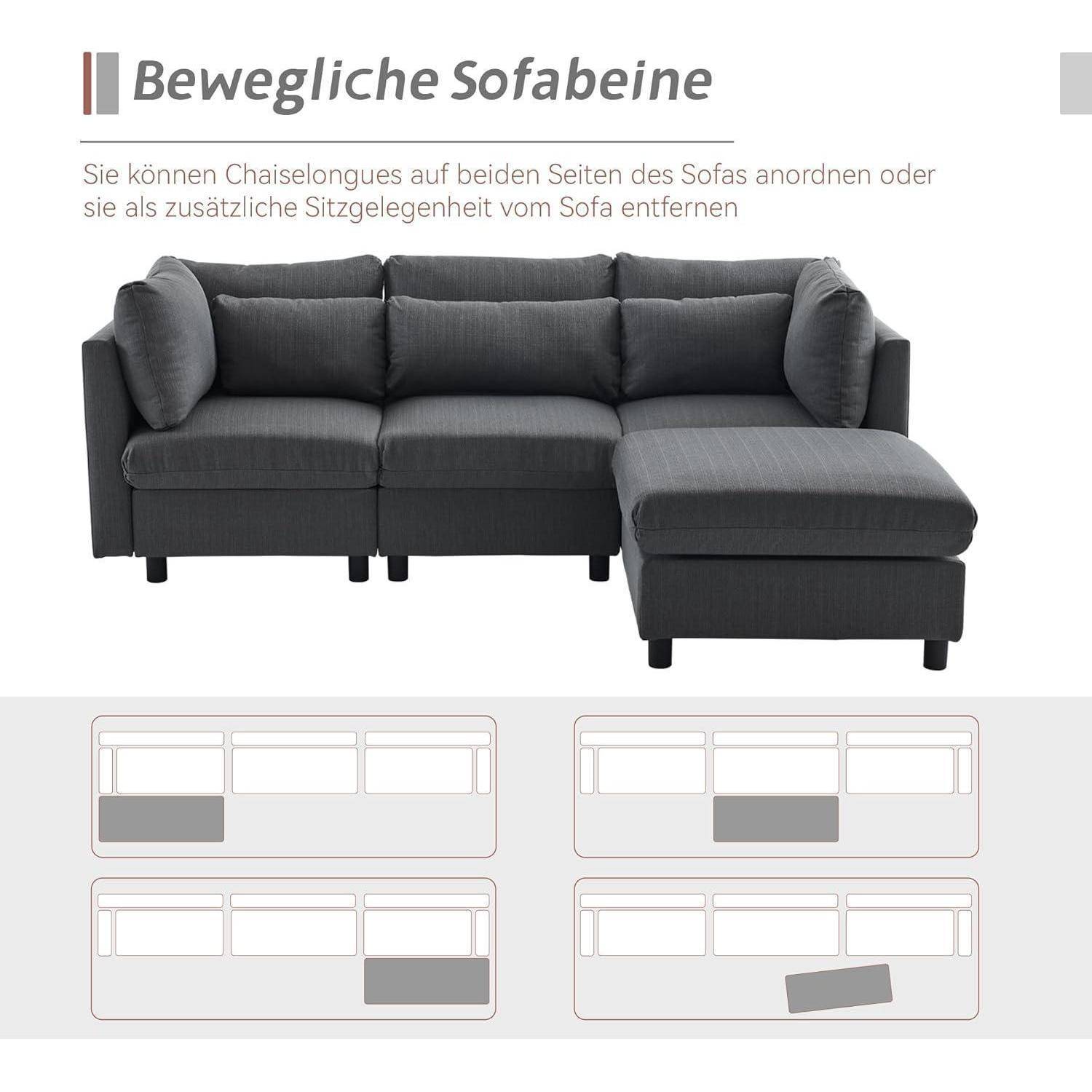 Graues modulares Sofa mit beweglicher Chaiselongue; das Diagramm zeigt, dass die Chaiselongue auf beiden Seiten positioniert oder separat als zusätzliche Sitzmöglichkeit verwendet werden kann.