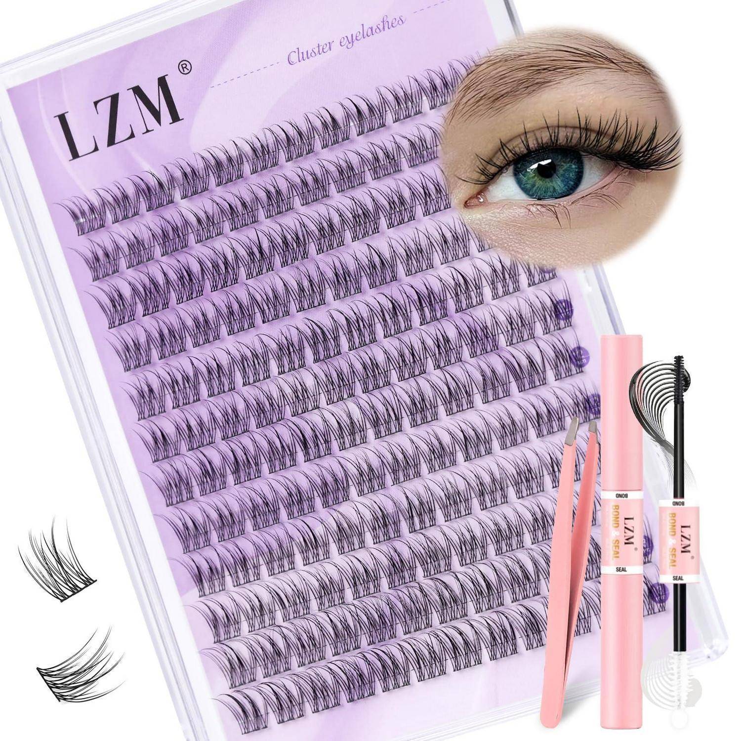 Verpackte LZM-Cluster-Wimpernverlängerungen mit mehreren Wimpernpaletten, Applikationspinzetten und ein Auge, das den angebrachten Wimpernstil zeigt.