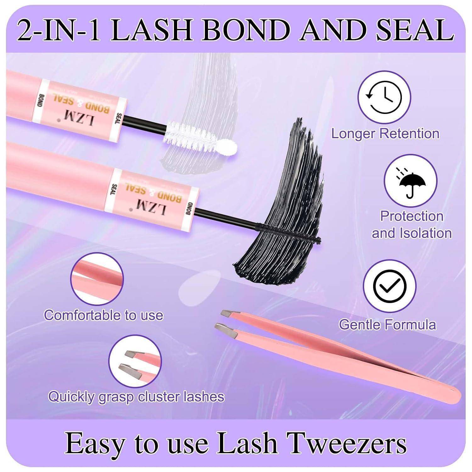 Werbegrafikfür 2-in-1-Wimpernhaftung und -versiegelung, die wimperntuscheartige Applikatoren, Wimpernpinzetten und Symbole für längere Haltbarkeit, Schutz, sanfte Formel und einfache Anwendung zeigt.
