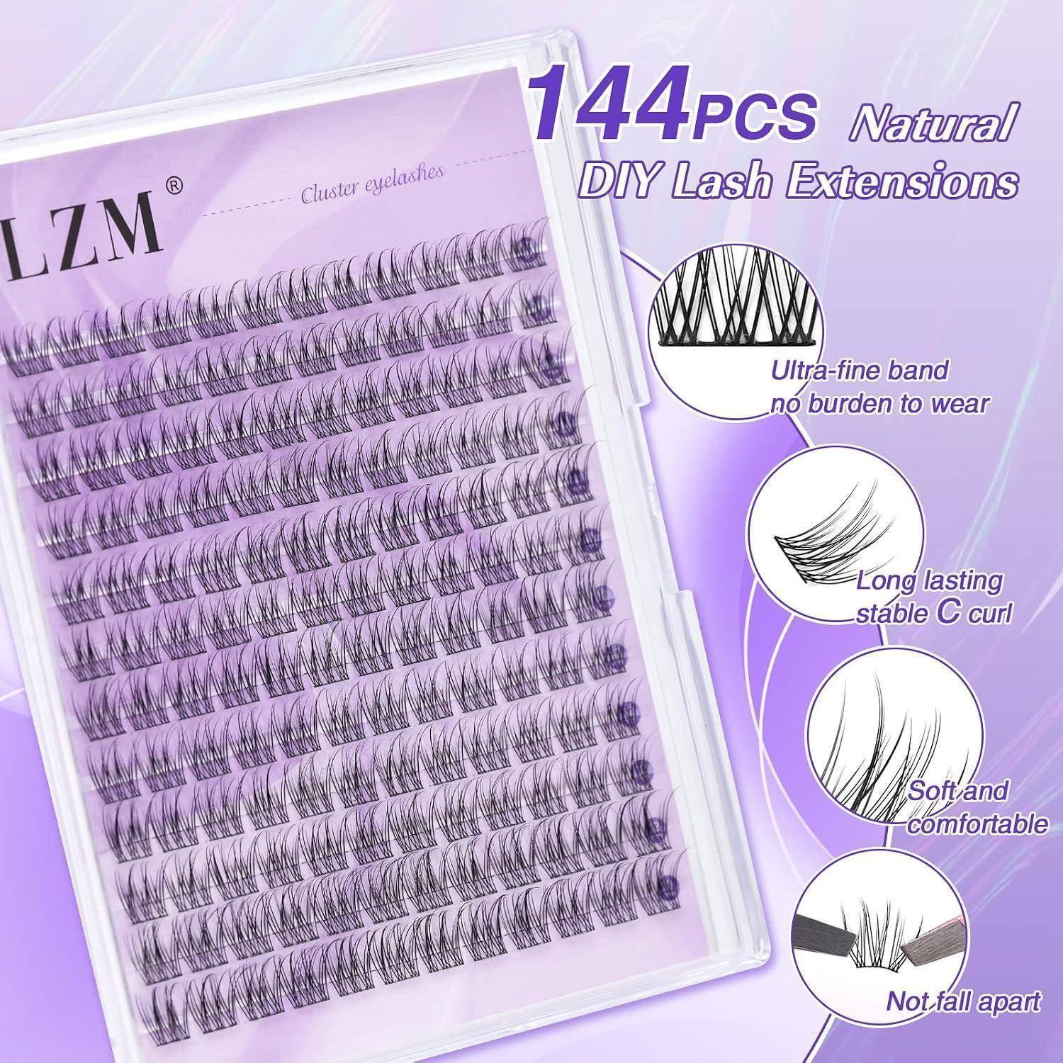 Produktbild in Violett mit 144er Packung natürlicher DIY-Wimpernverlängerungen in einem Tablett, das ultrafeines Band, C-Curl, sanften Komfort und bruchsicheres Design hervorhebt.