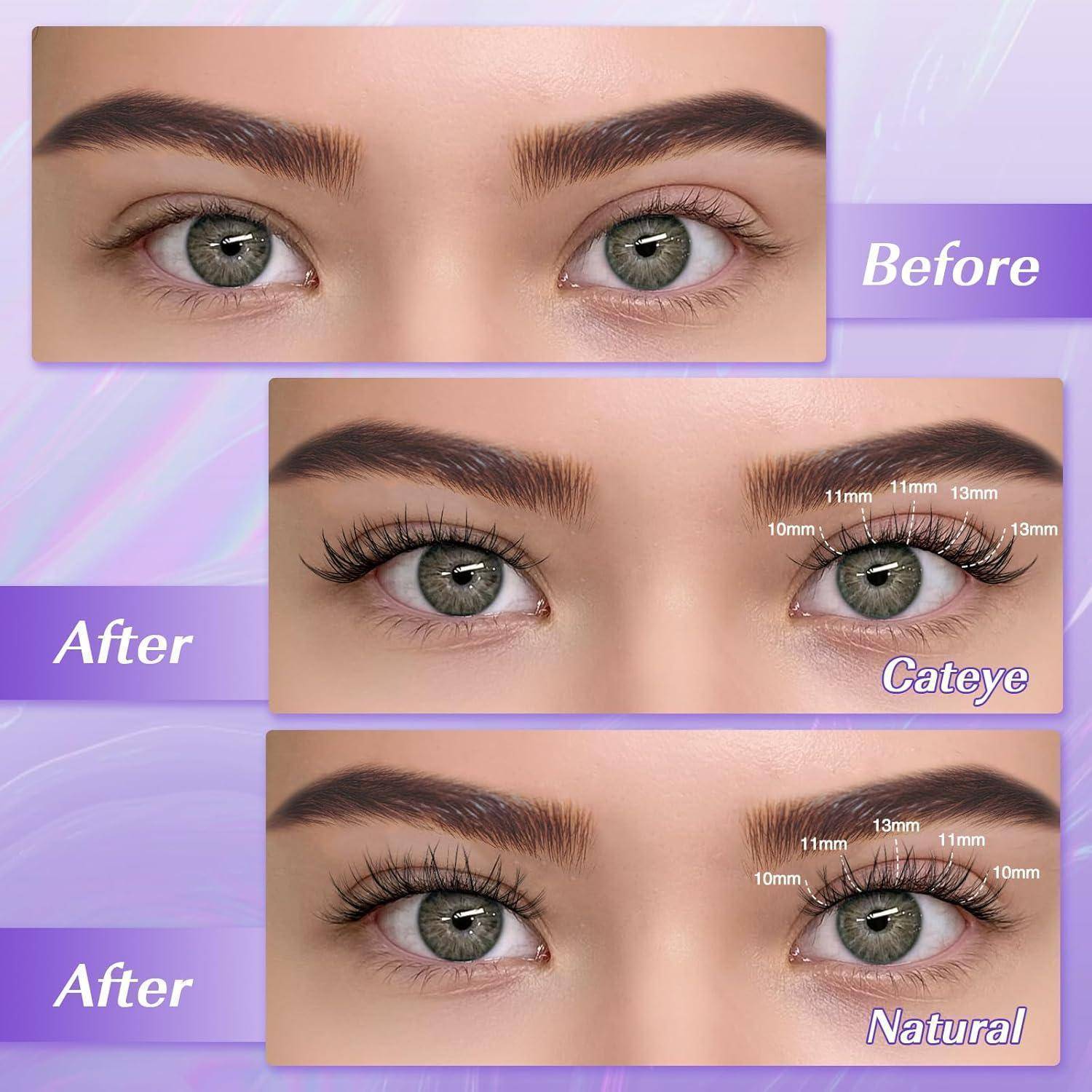 Vorher-und-Nachher-Vergleich von Wimpernverlängerungen auf den Augen einer Frau, wobei verbesserte Wimpernstile mit den Bezeichnungen 