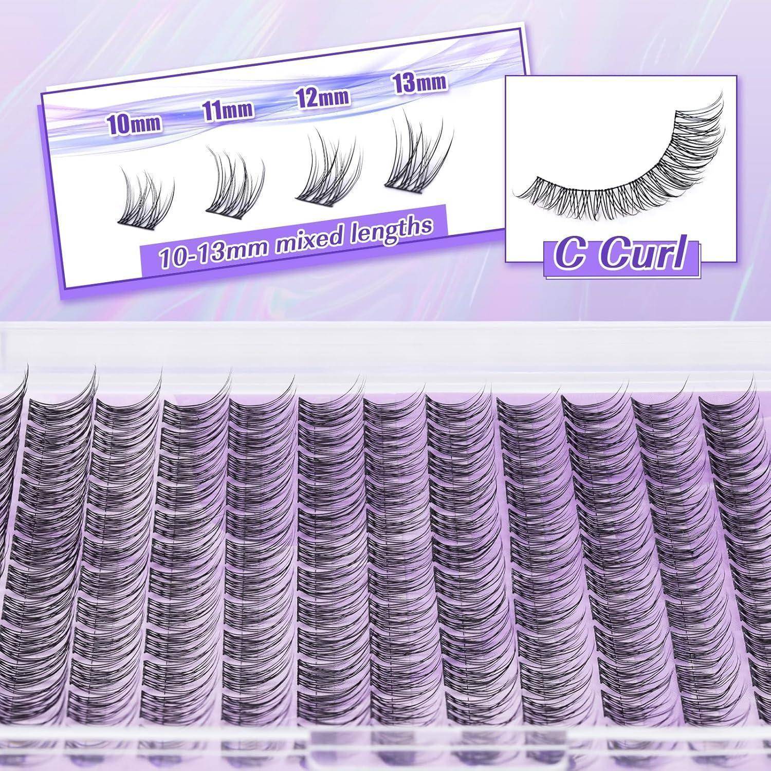 Produktbild für Wimpernverlängerungen mit C-Curl-Wimpern in gemischten Längenvarianten von 10–13 mm, mit einer Nahaufnahme des dicht gefüllten Wimpernstreifens darunter.
