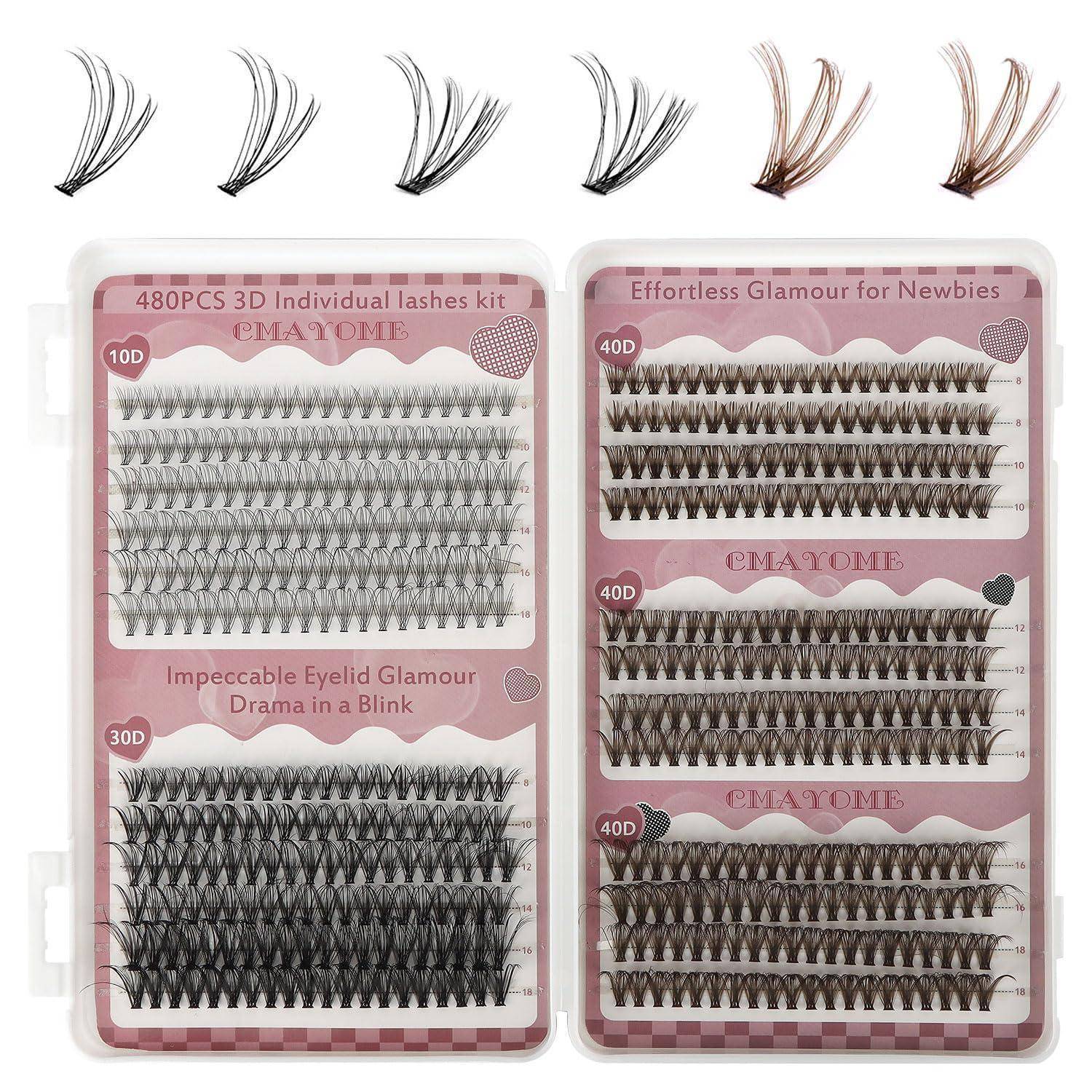 Produktverpackung für 3D einzelne künstliche Wimpern, die mehrere Wimpernstile in Schwarz und Braun auf zwei rosa gekennzeichneten Sets zeigen.