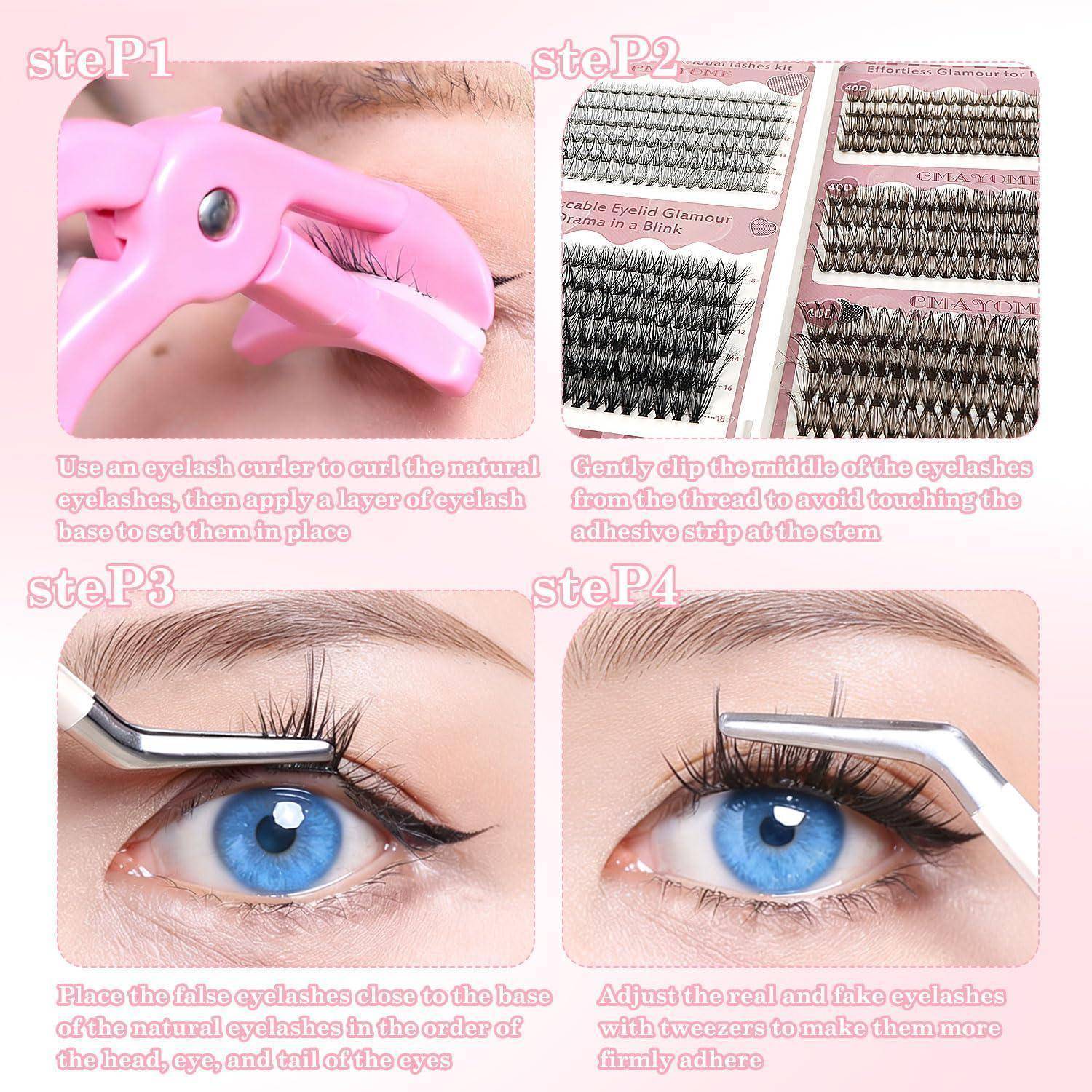 Vier-Schritte-Anleitung für Wimpernverlängerungen: Natürliche Wimpern kräuseln, Wimpernstreifen trimmen, Wimpern an der Basis platzieren und mit einer Pinzette anpassen.