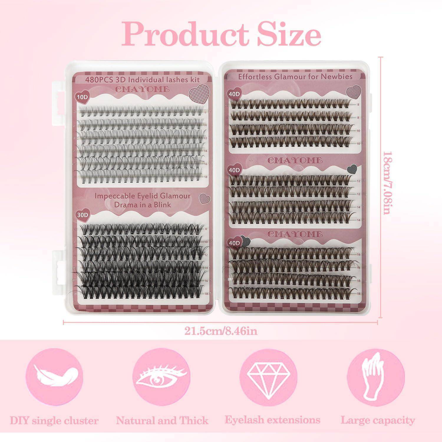 Produktgrößentabelle mit zwei Wimpernverlängerungs-Kit-Koffern, gekennzeichnet mit 18cm mal 7,08 Zoll Höhe und 21,5cm mal 8,46 Zoll Breite, mit Feature-Symbolen darunter.