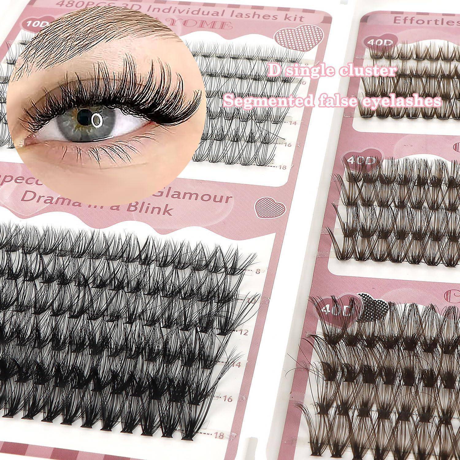 Künstliches Wimpern-Set-Display mit mehreren Wimpernstilen und einer Nahaufnahme eines Auges mit dramatischer langer Wimpernverlängerung.