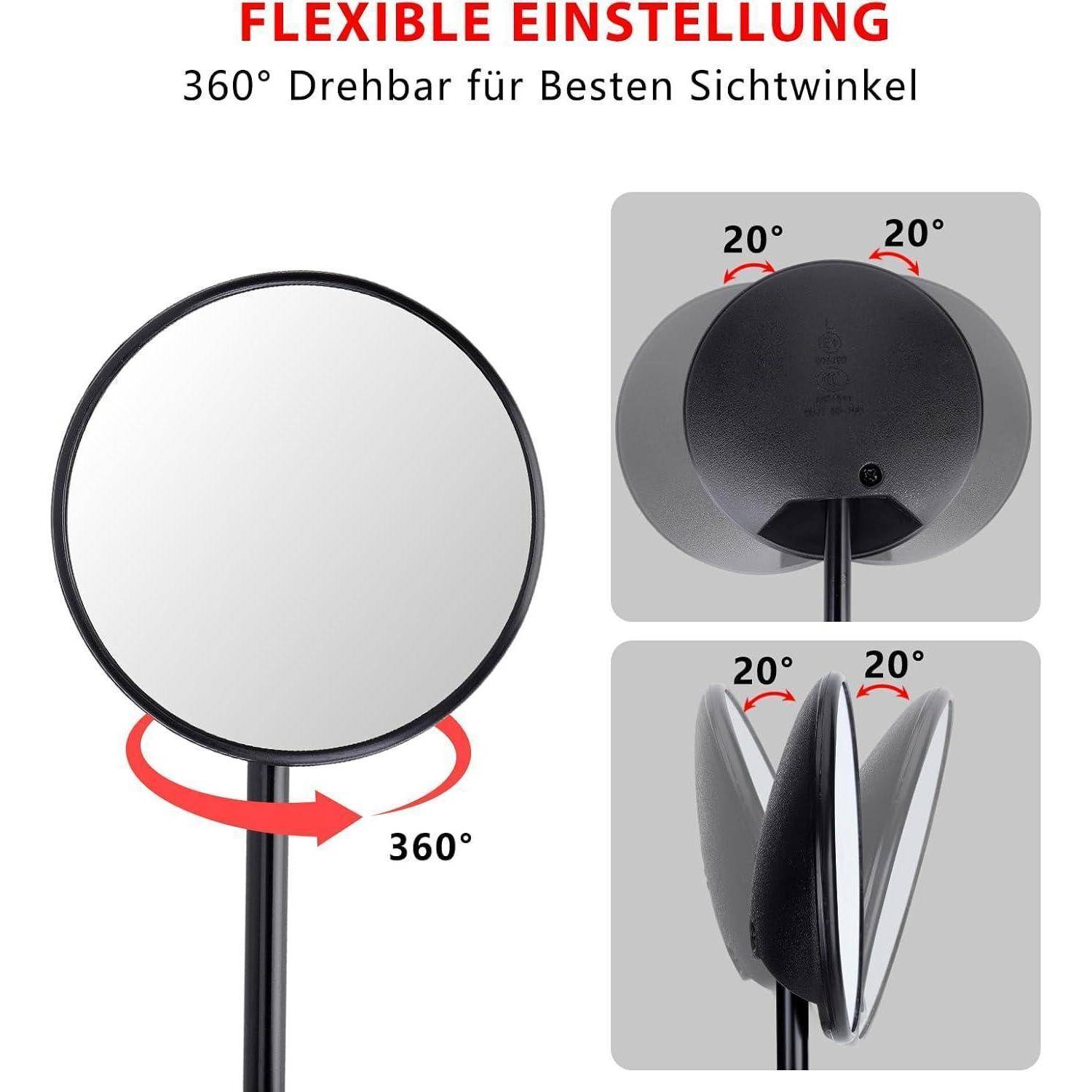 Produktgrafik eines runden Spiegels mit dem Text „FLEXIBLE EINSTELLUNG