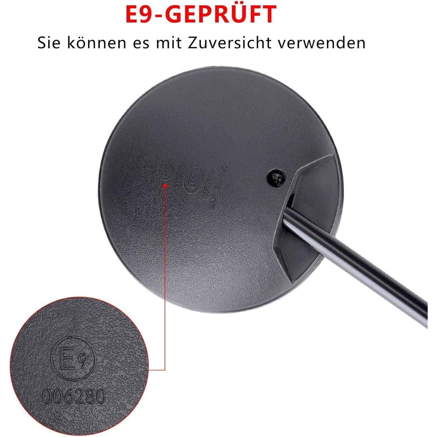 E9-geprüfter schwarzer runder Spiegelkopf mit Befestigungsstange, gezeigt mit Nahaufnahme der E9-Genehmigungsmarkierung und Nummer 006280.