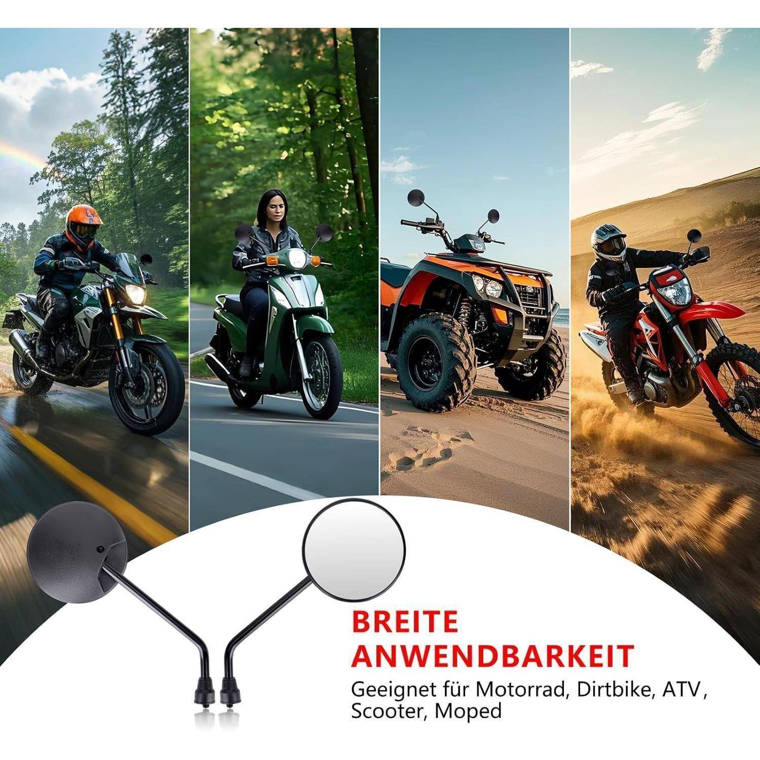 Werbebild runder Motorradnischen mit vier Fahrszenen: ein Straßenmotorrad, Roller mit Fahrer, ATV im Sand und Dirt Bike Off-Road; Text besagt „BREITE ANWENDBARKEIT