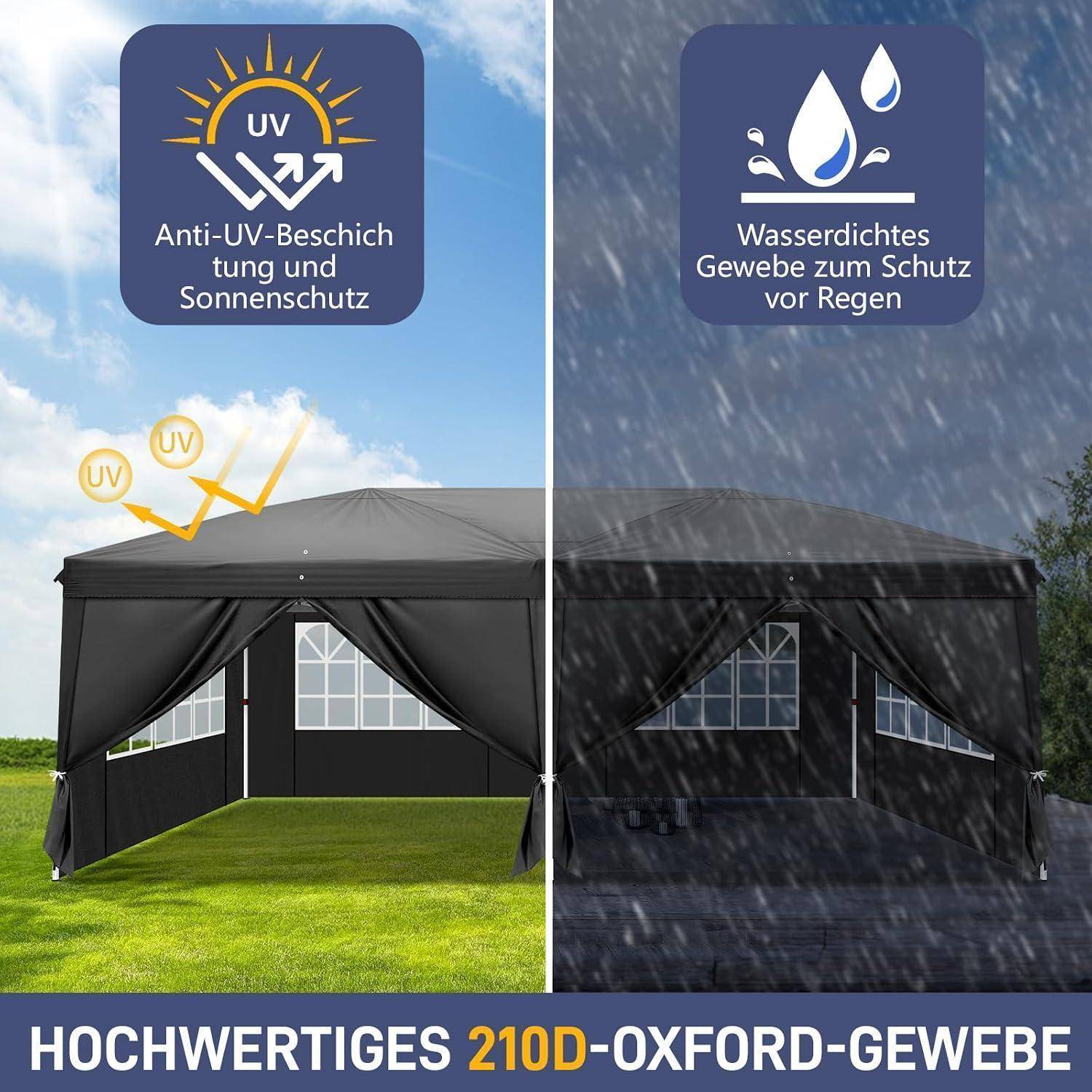 Gespaltenes Bild eines Baldachinzelts, das UV-Schutz in der Sonne und wasserdichten Schutz im Regen zeigt, gekennzeichnet mit "Hochwertiges 210D-Oxford-Gewebe"".