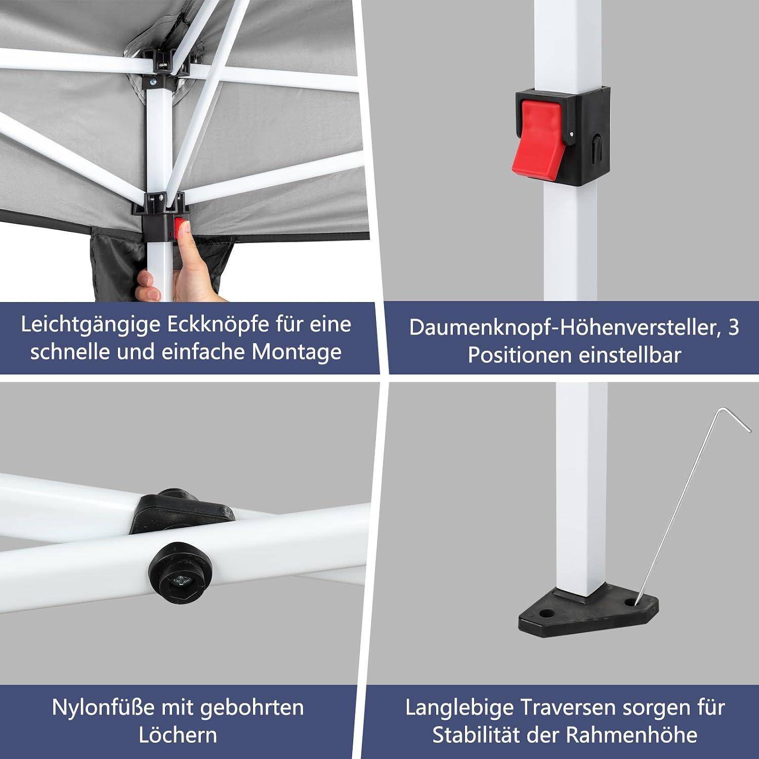 Vierteiliges Produktbild eines weißen Pop-Up-Pavillon-Rahmens mit benutzerfreundlichen Eckknöpfen, verstellbarer Höhe mit Daumenschaltung, Nylonfüßen mit gebohrten Löchern und stabilen Querbalken.